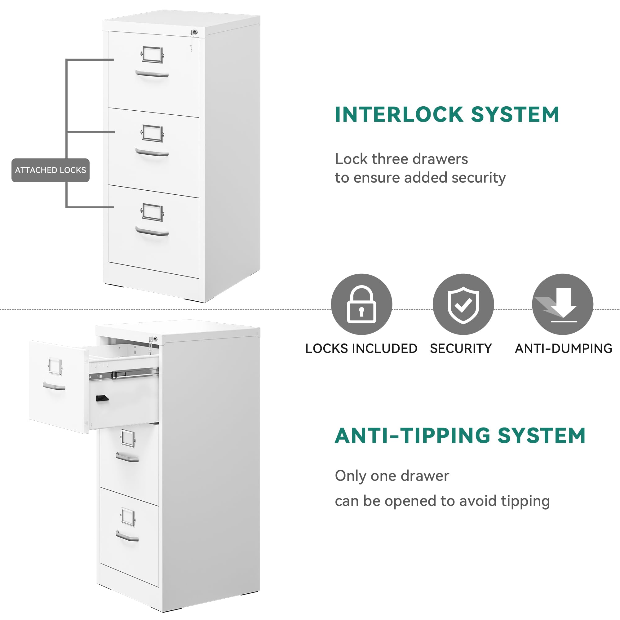 YITAHOME 3-Drawer Vertical File Cabinet - Lockable, Heavy-Duty Steel | 45.8 x 45 x 103cm 5