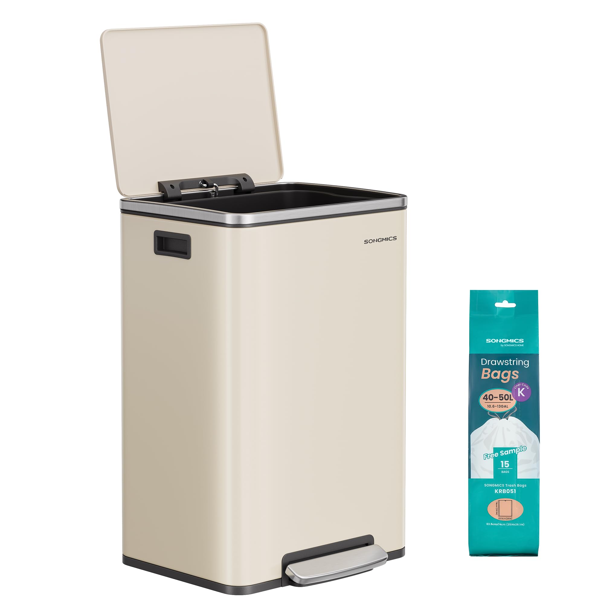 SONGMICS 50 L Kitchen Bin - Steel Construction | Cream Finish | Includes 15 Bin Bags 1