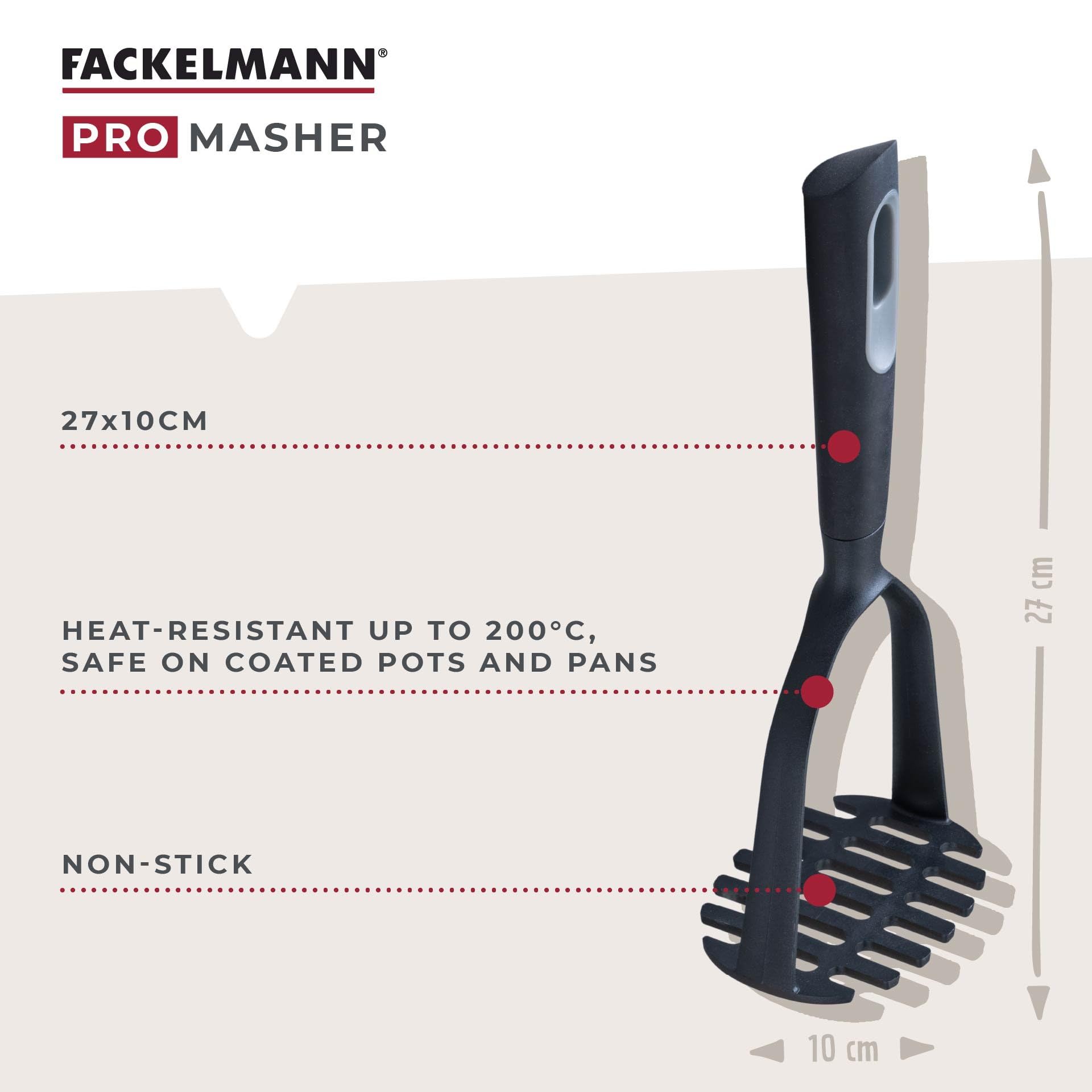 Fackelmann PRO Potato Masher - Heat-Resistant Plastic Head | Soft Touch Handle | Dishwasher Safe 2