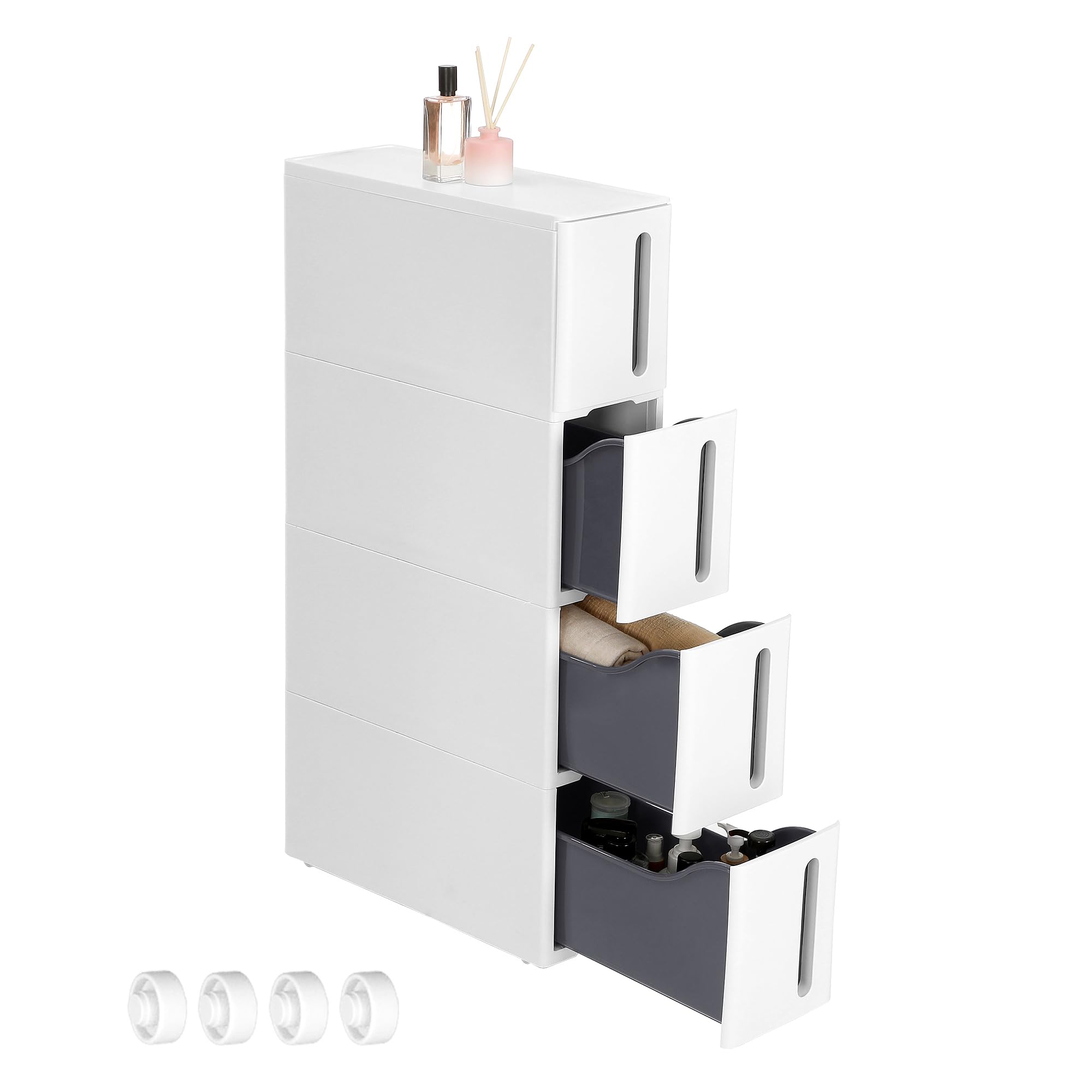 SONGMICS Narrow Kitchen Storage Cart - 4 Tier Plastic Drawers | Mobile | White + Grey 9