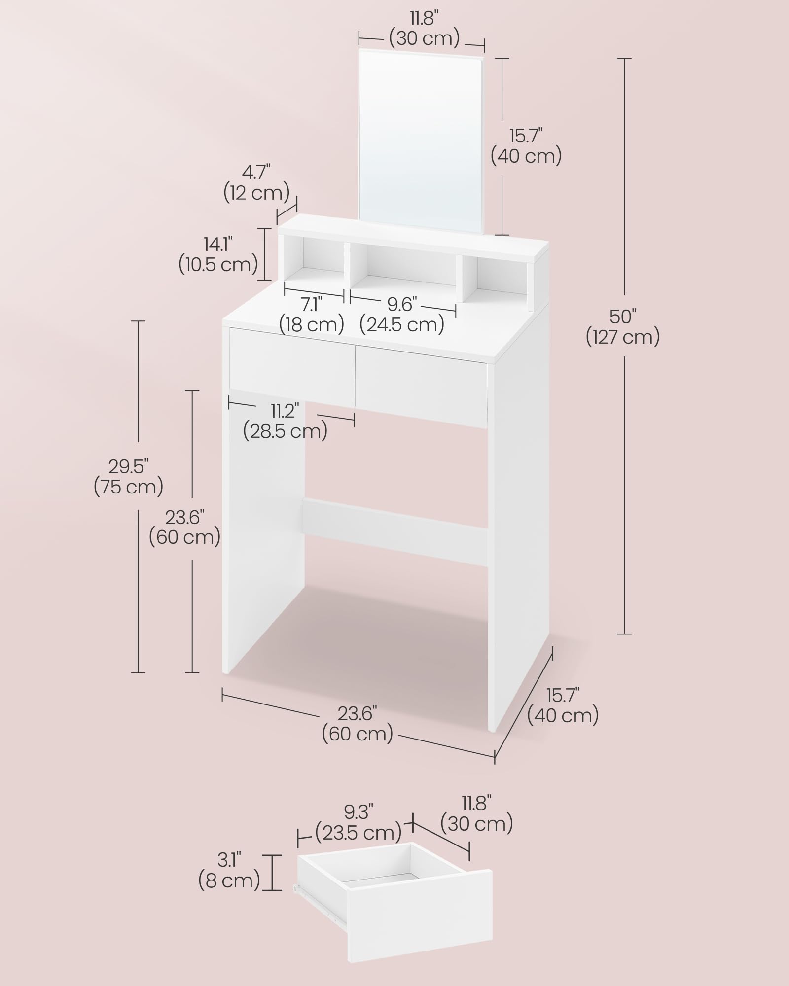 VASAGLE KAILYN Collection Dressing Table with Large Mirror | 60W x 127H cm | White 5