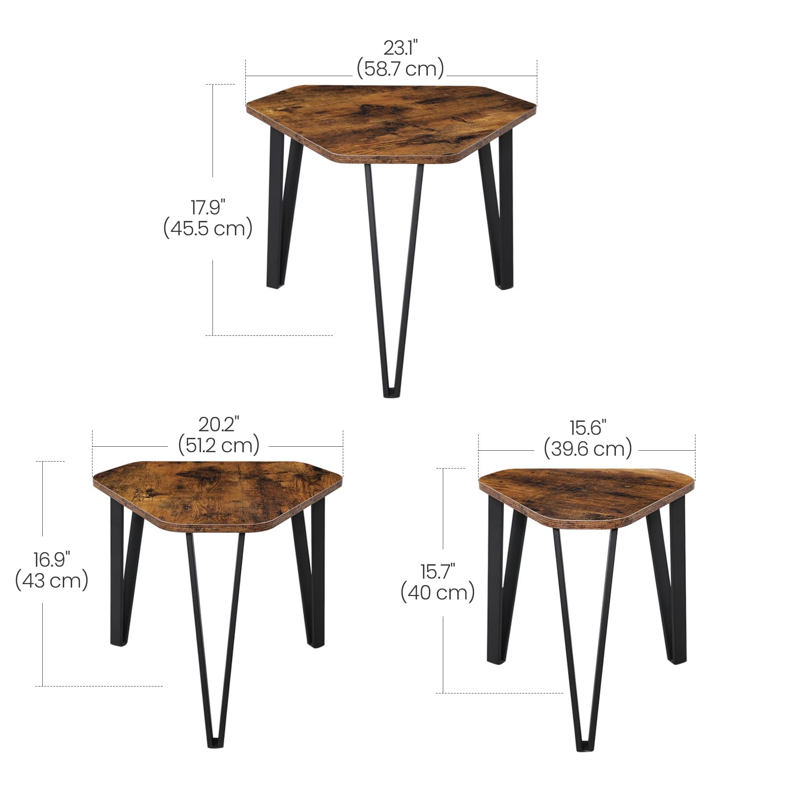VASAGLE Nesting Coffee Table Set of 3 End Tables for Living Room | Rustic Brown + Black | Industrial Style 3