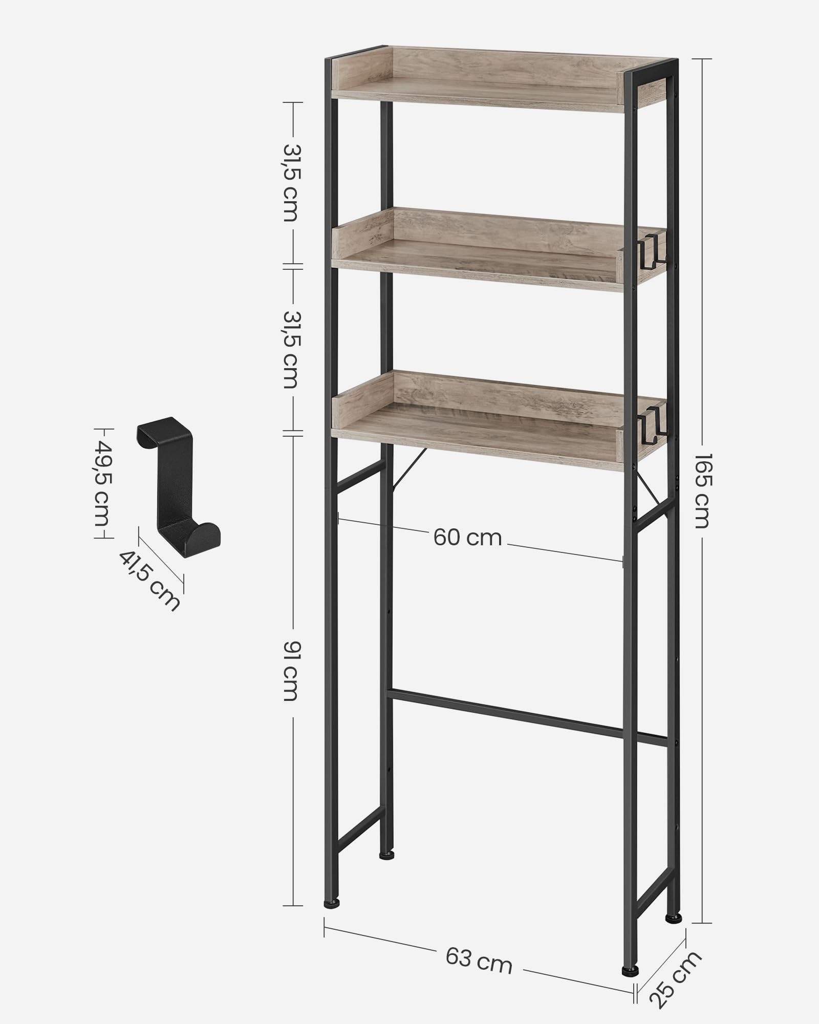 VASAGLE 3-Tier Over The Toilet Storage Rack - Space Saving, Industrial Style, Greige & Black | BTS002B02 3