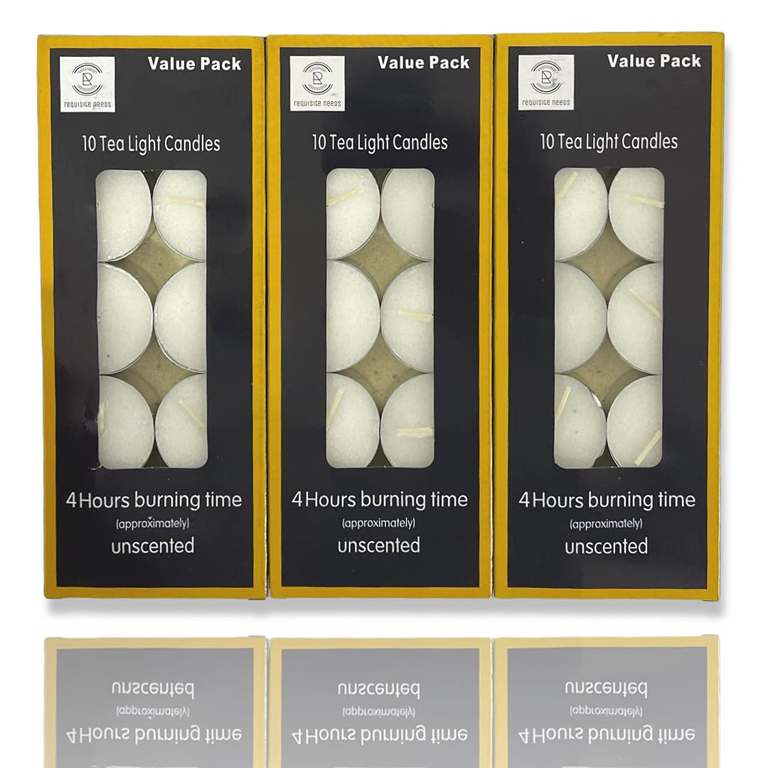 REQUISITE NEEDS Unscented Tea Light Candles - 30 Pack | 4 Hour Long Burn | Smokeless Cotton Wick
