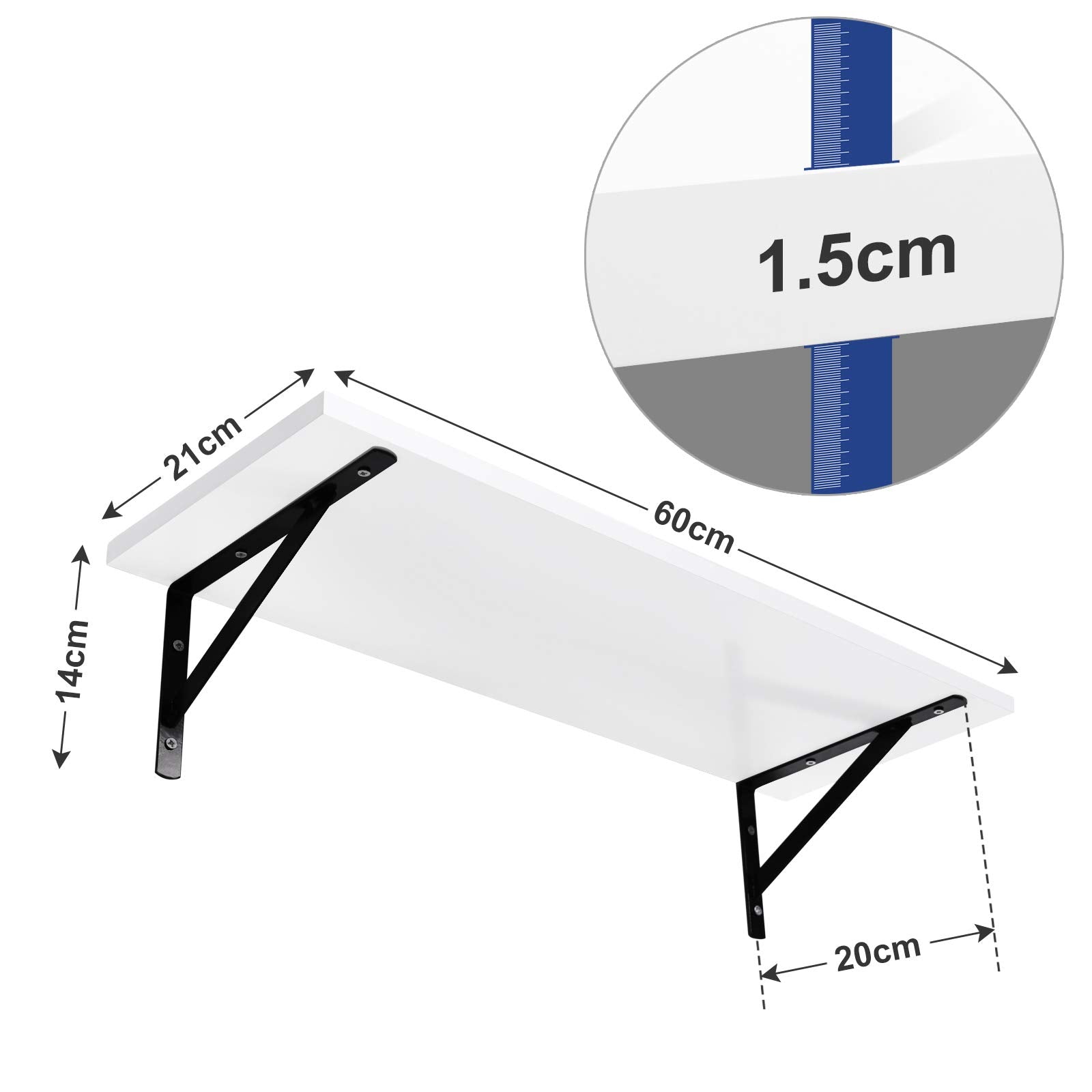 SONGMICS Set of 2 Floating Wall Shelves - White Engineered Wood | 60 x 21 cm | Max Load 15kg Each 3