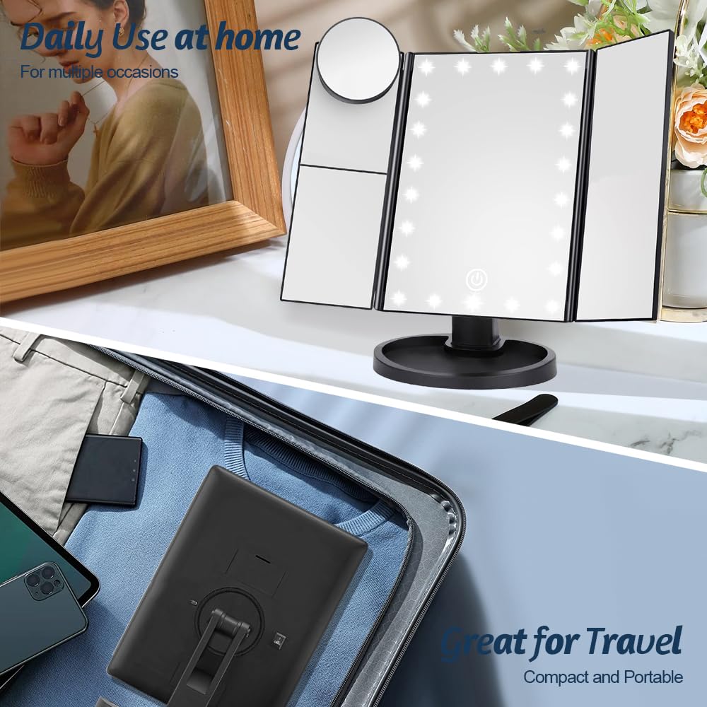 Woobroo Lighted Makeup Mirror - 22 LED, 1x/2x/3x/10x Magnification, Touch Control | Black 6