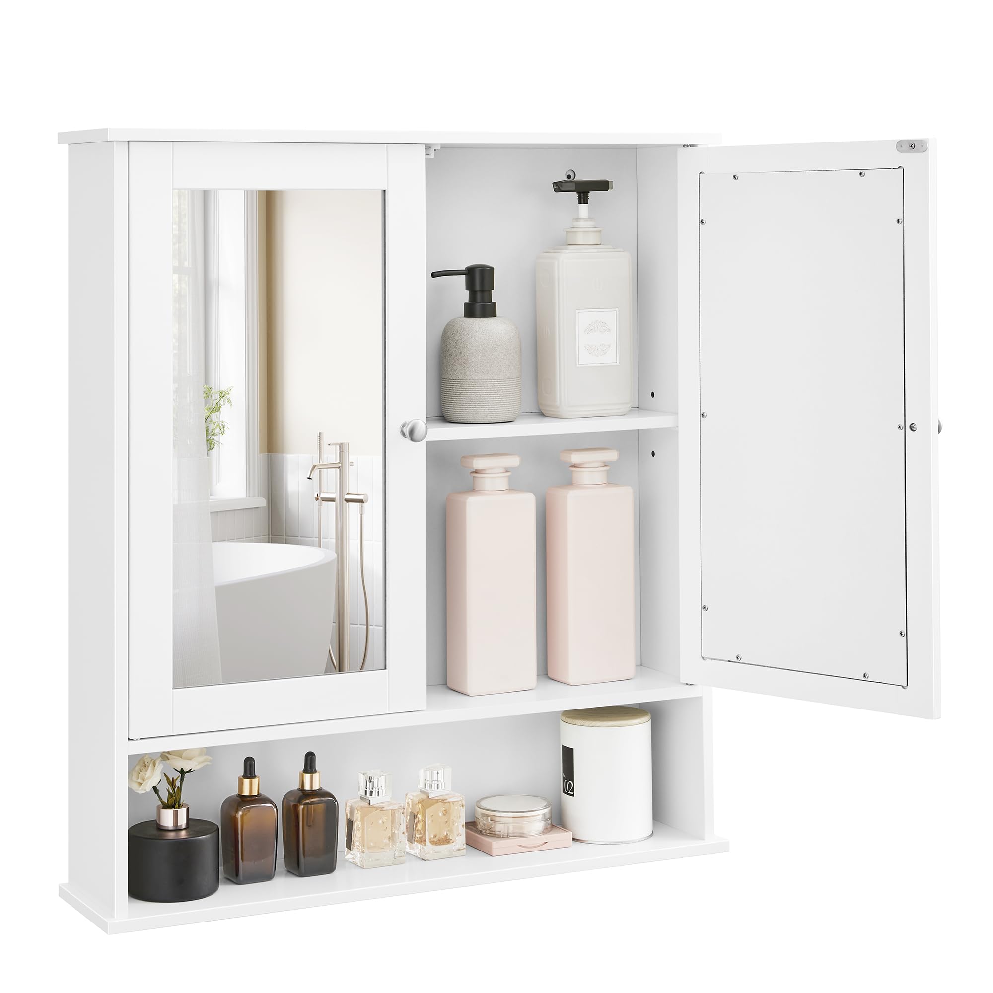VASAGLE Bathroom Mirror Cabinet with 2 Mirrored Doors and Adjustable Shelf | White | 15 x 65 x 75 cm 1