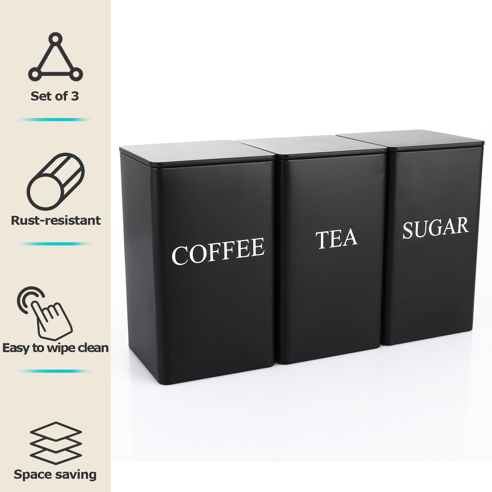 ASelected 3 Piece Metal Food Storage Canisters - Airtight & Stylish Black Canisters for Tea, Coffee, Sugar 4