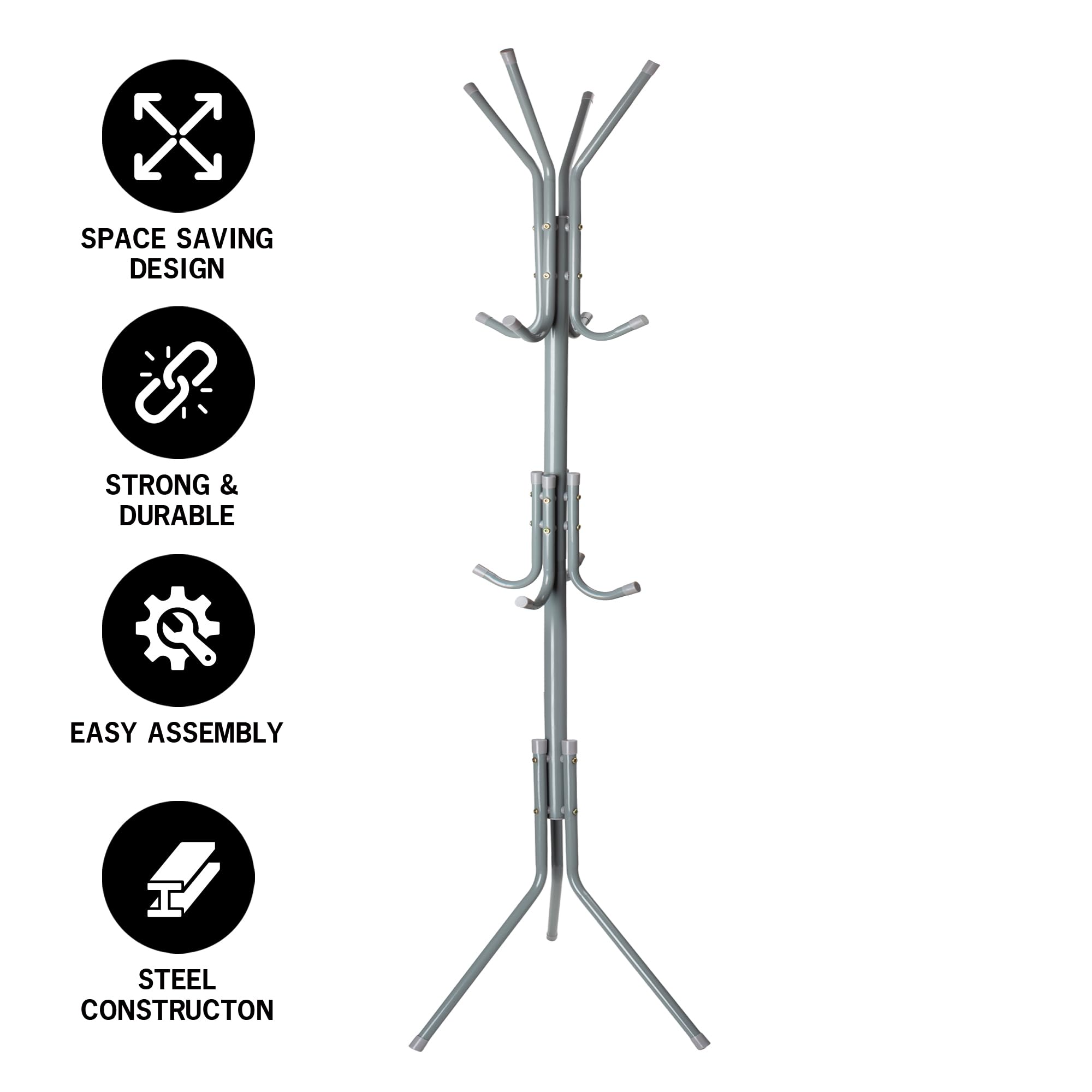 1ABOVE Metal Coat Rack - 12 Hooks Freestanding Clothes Tree | 67 Inches Height | Grey