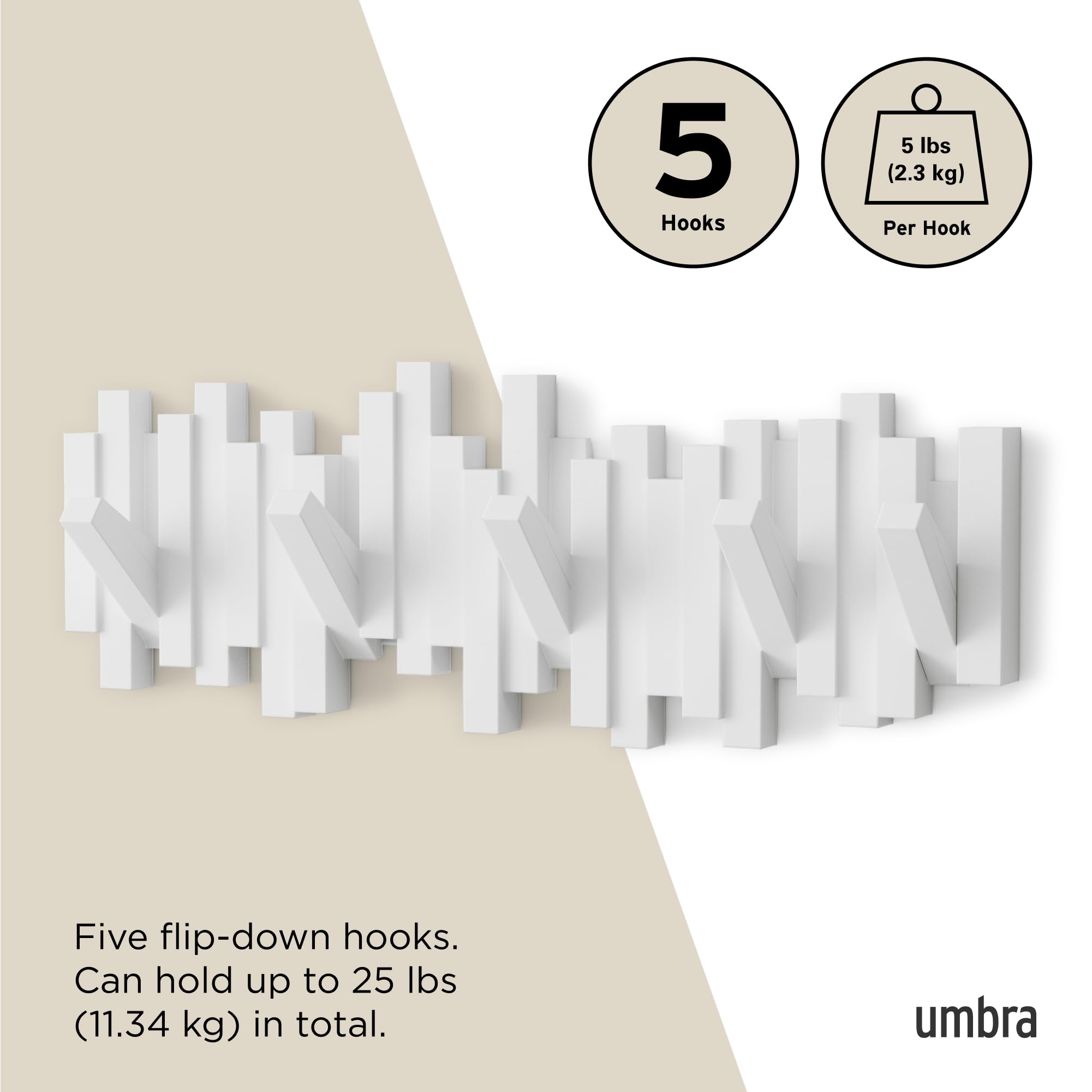 Umbra Sticks Wall-Mounted Coat Rack - 5 Retractable Pegs | Modern Design | White Plastic 5