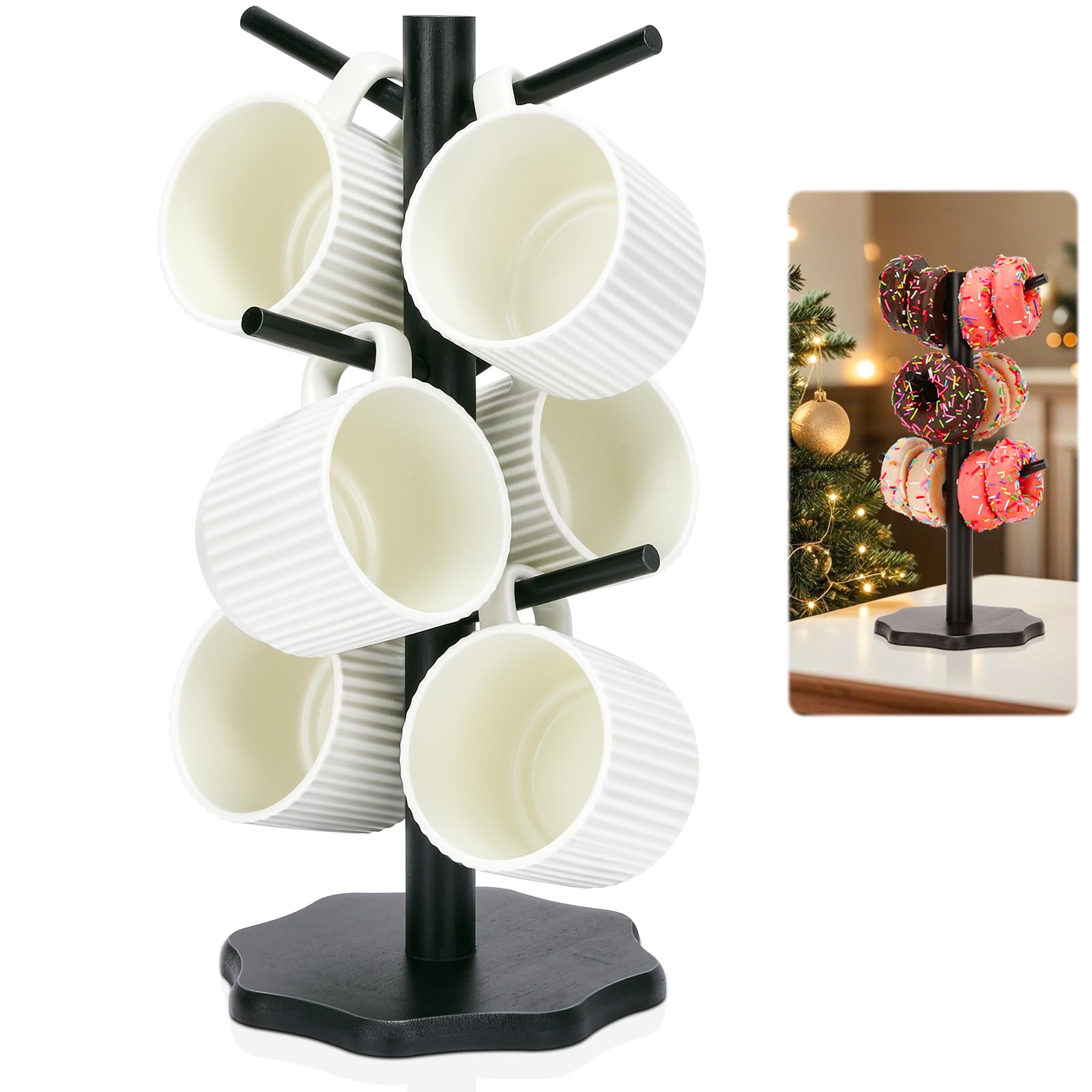 Euqvunn Wooden Mug Tree Holder for 6 Mugs | Black Finish | Easy 2-Step Install 1