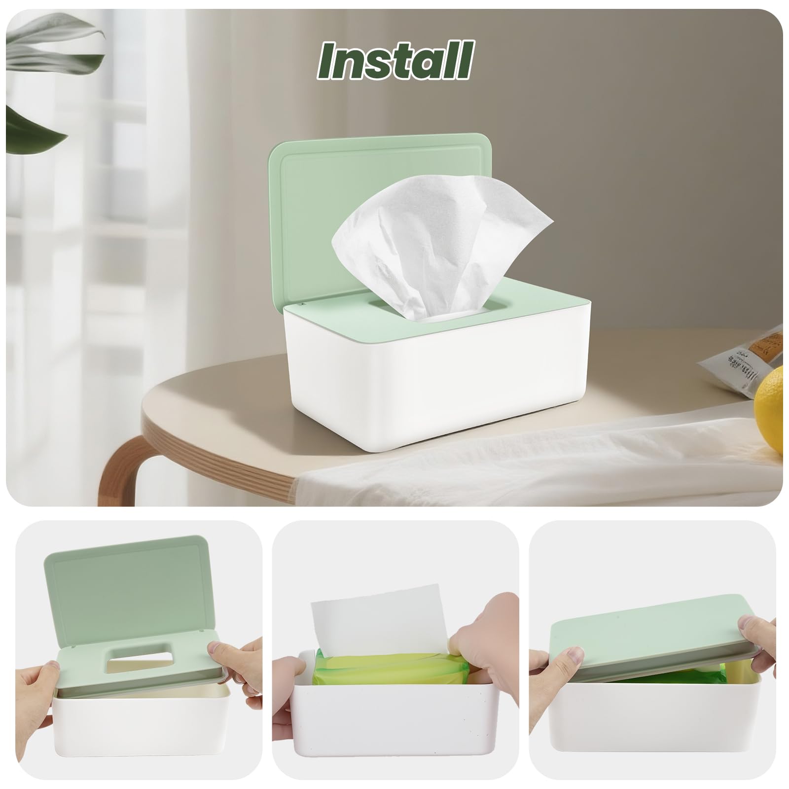 Vonsera Wet Wipes Dispenser Box - 100 Wipe Capacity | PP Plastic | White/Green Cap 7