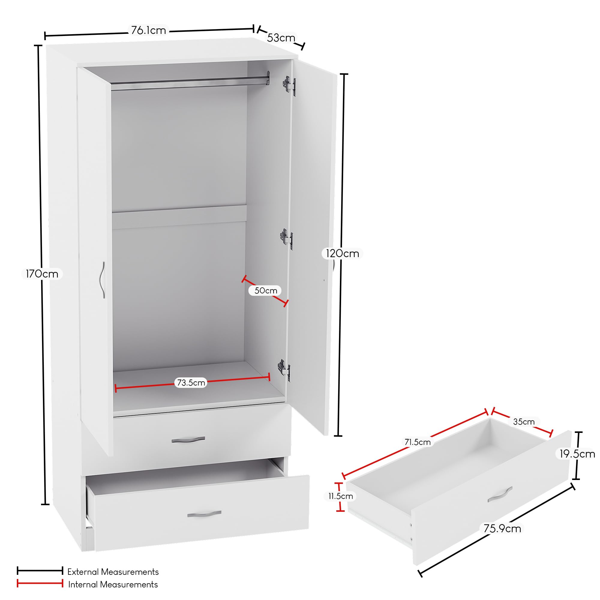 Vida Designs Riano 2 Door 2 Drawer Wardrobe - Engineered Wood, White Finish | H170 x W76 x D47 cm 2