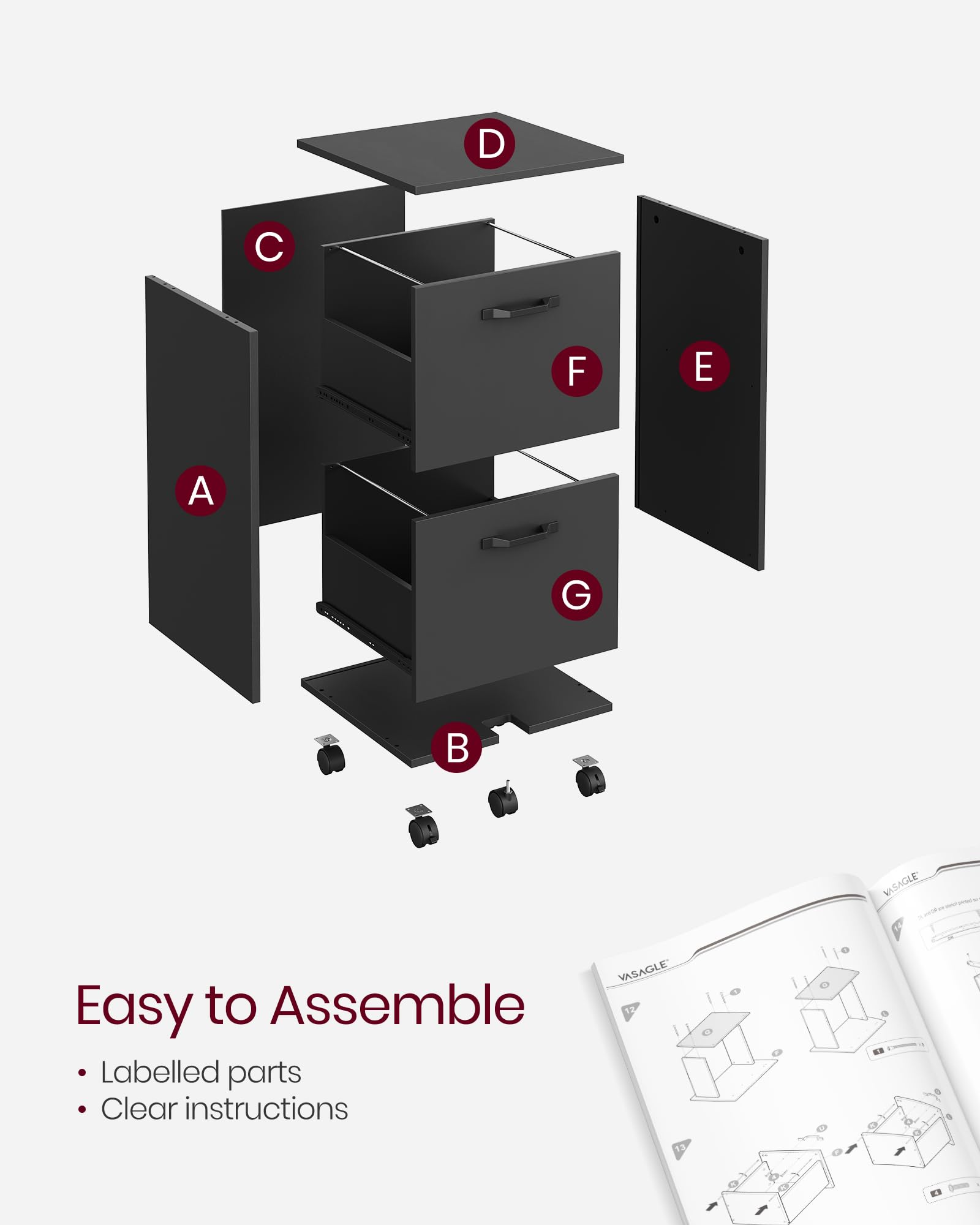 VASAGLE 2-Drawer Mobile File Cabinet - Rolling, Lockable, Printer Stand for A4/Letter Files | Matte Black 8