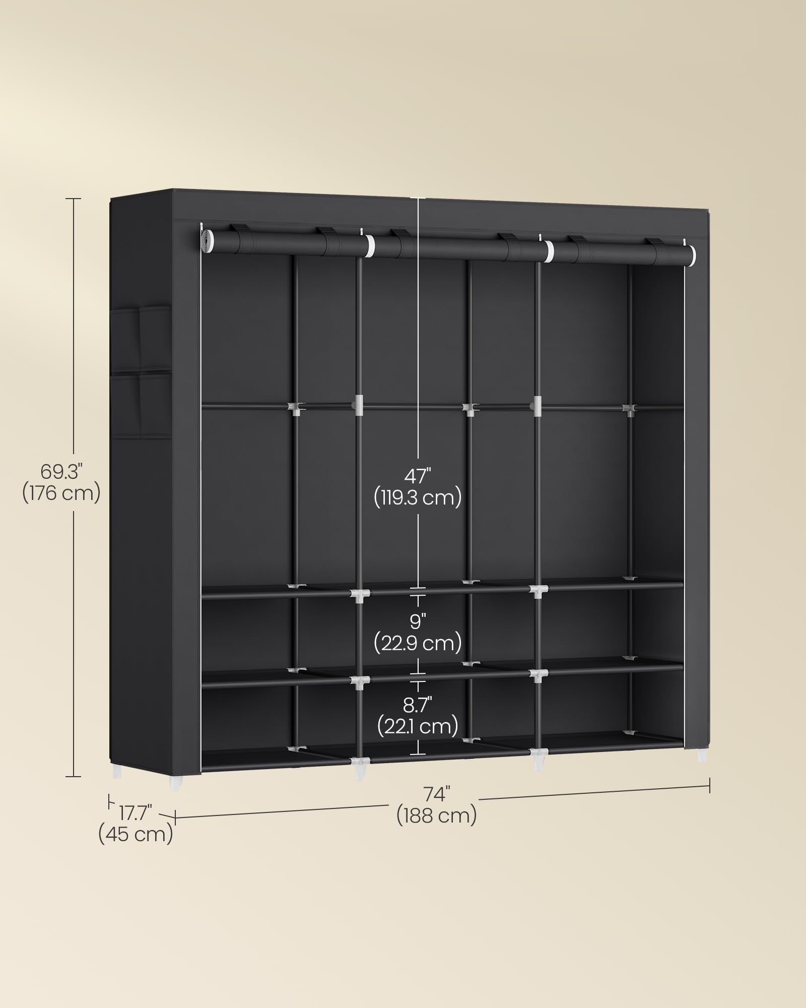 SONGMICS Portable Clothes Wardrobe - 3 Hanging Sections | 188W cm | Black 6