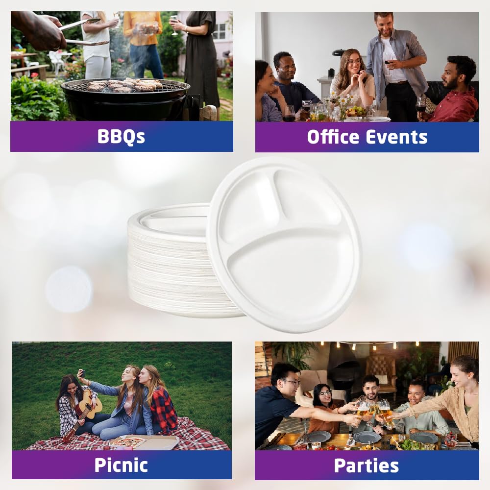 1ABOVE 10 Inch 3 Compartment Disposable Bagasse Plates - 50 Pack | Compostable & Durable 7