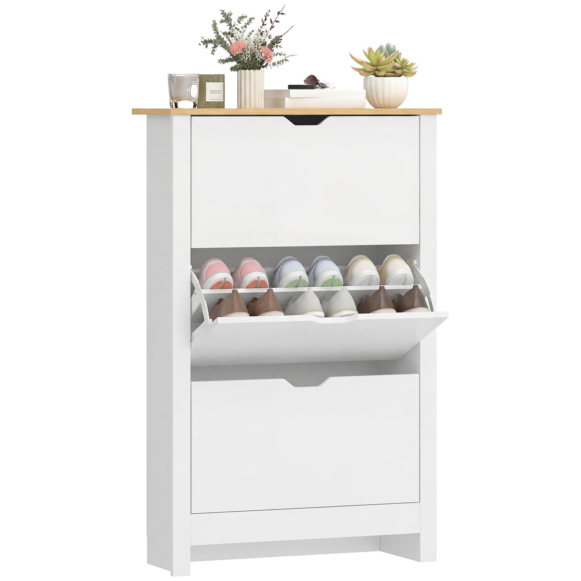 HOMCOM Narrow Shoe Cabinet - Space Saving Storage with 3 Flip Drawers | White | 26cm Depth 1