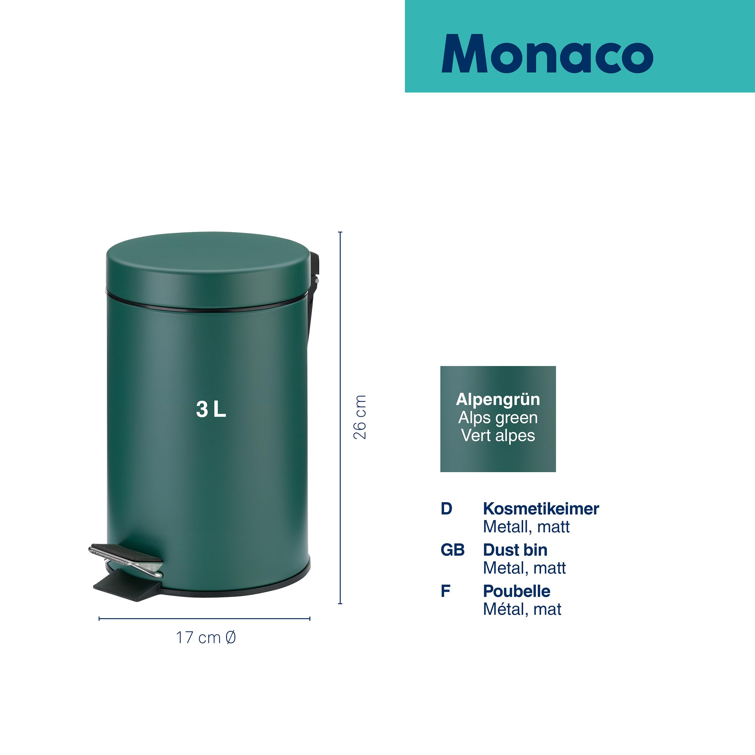 Kela MONACO Bathroom Bin - 3L Capacity, Metal Pedal Bin with Inner Bucket | Alpine Green 3
