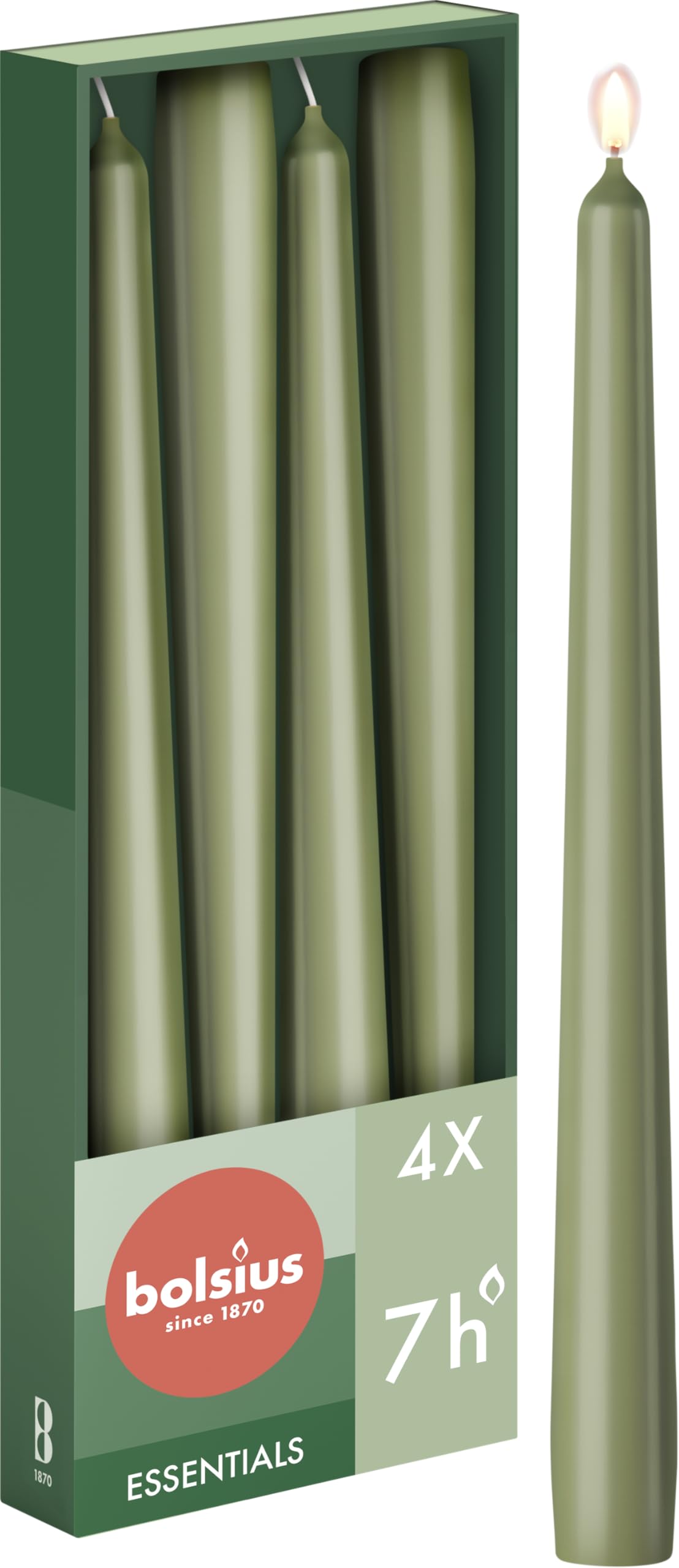 Bolsius Tapered Dinner Candles - Fresh Olive Green - 4 Pack - 24.5 cm - 7 Hour Burn Time - Unscented 1