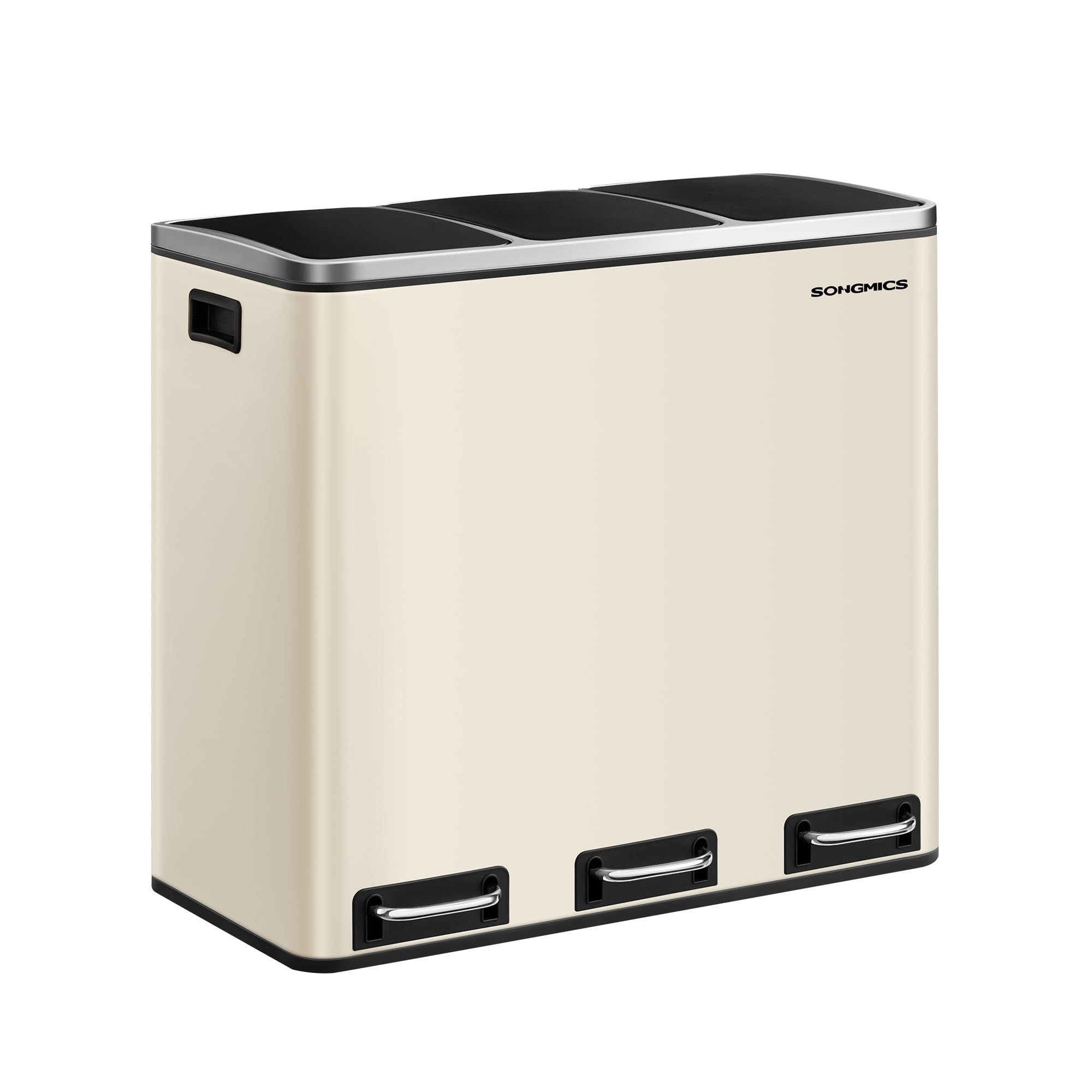 SONGMICS 3 Compartment Kitchen Recycling Bin, 3 x 18L Capacity, Steel, Sandy Beige | Soft-Close Lids