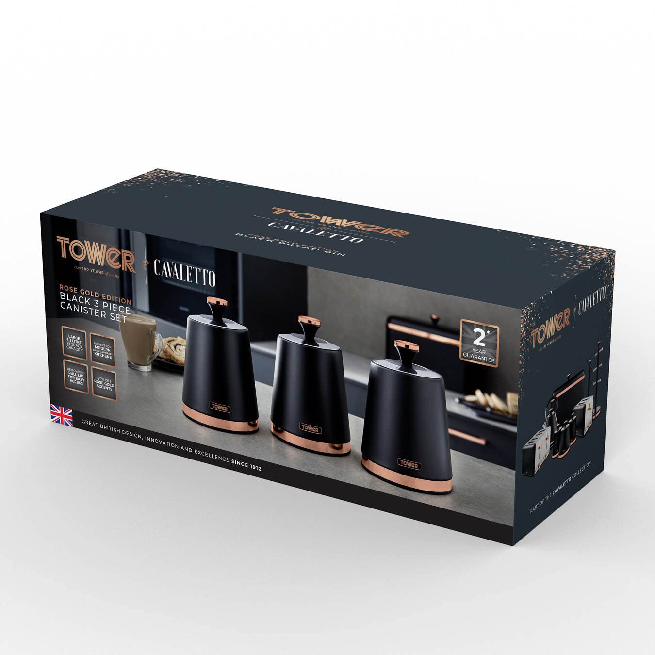 Tower Cavaletto Set of 3 Storage Canisters for Tea/Coffee/Sugar | 1.3L Capacity | Carbon Steel 8