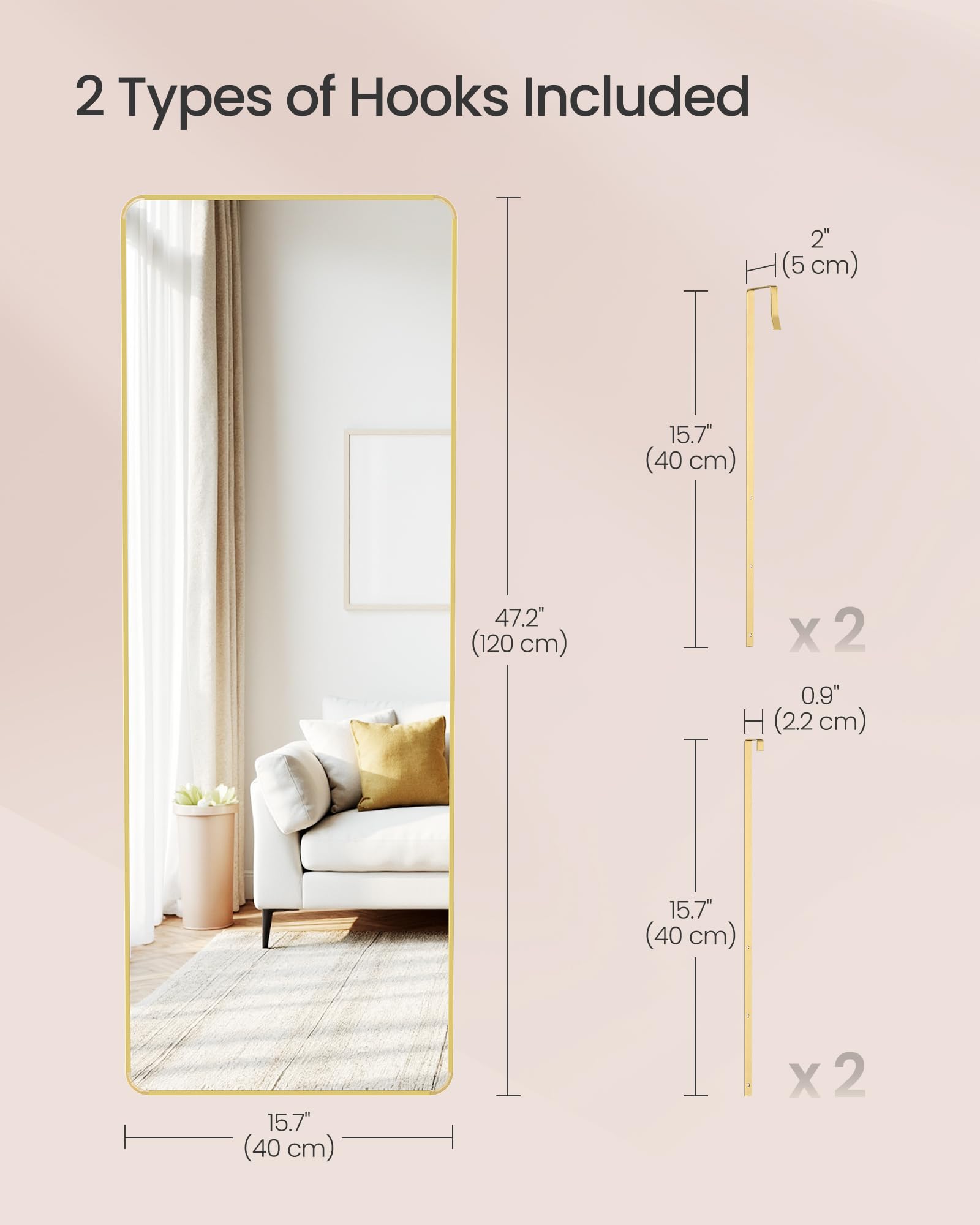 SONGMICS Full Length Wall-Mounted Mirror - 120 x 40 cm Rectangular | Pale Gold | Tempered Glass 6
