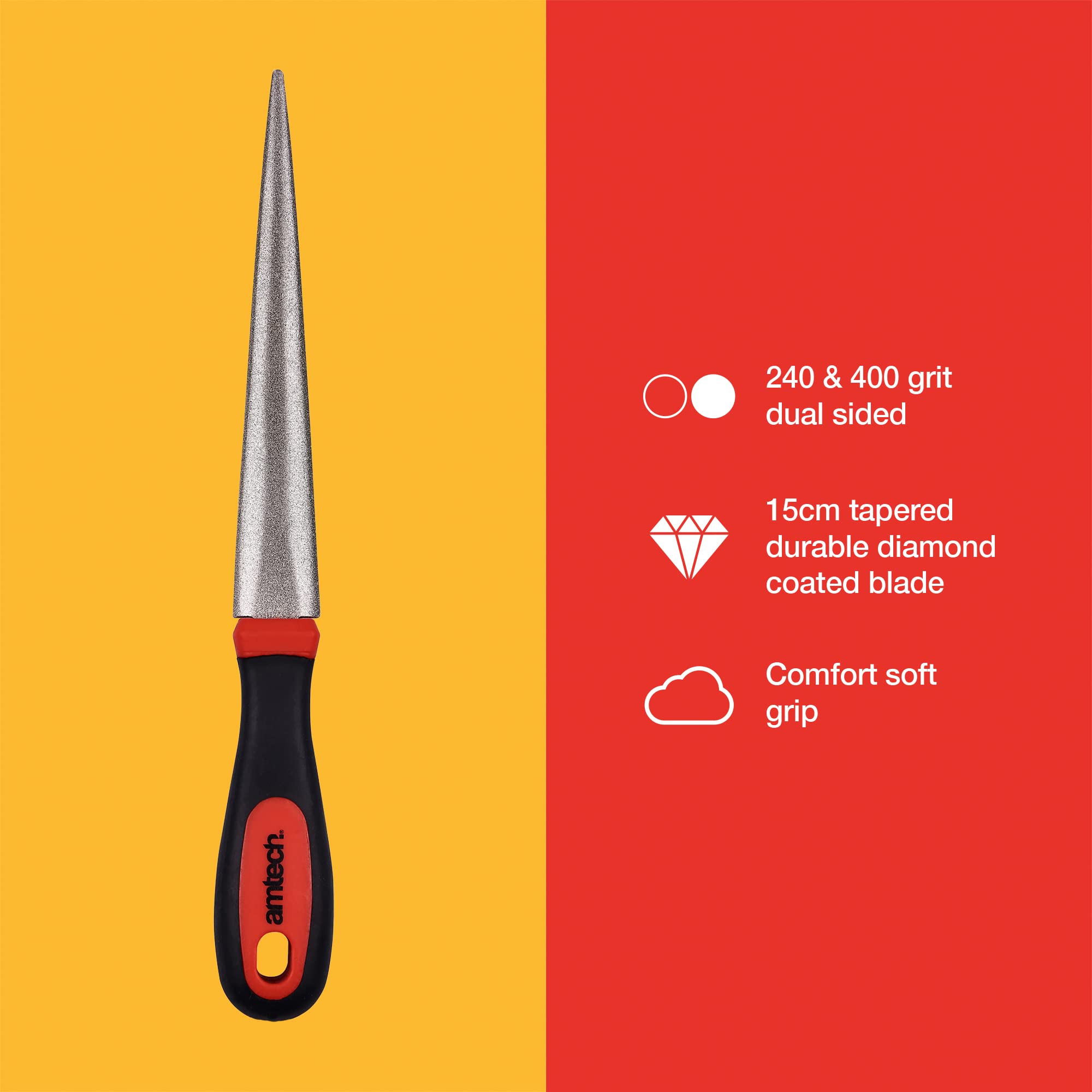 Amtech E2556 Diamond Sharpening File - 2-Sided Grit | 10" Length | Black & Red 3