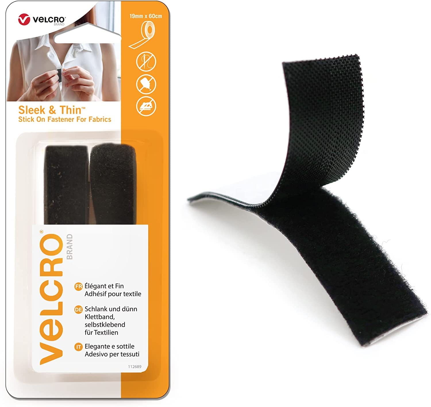 VELCRO Brand Sleek & Thin Stick On Fastener for Fabrics - Black 19mm x 60cm | No-Sew Adhesive 1
