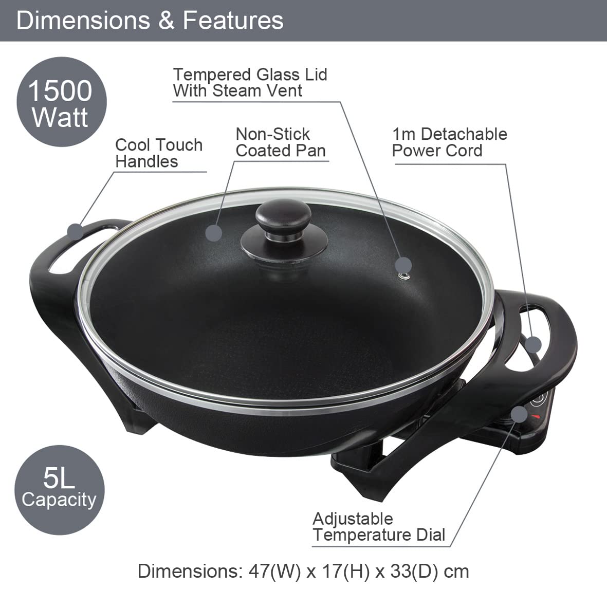 Quest Electric Non-Stick Wok with Lid - 1500W Power | 33cm Diameter | 5 Temperature Settings 3