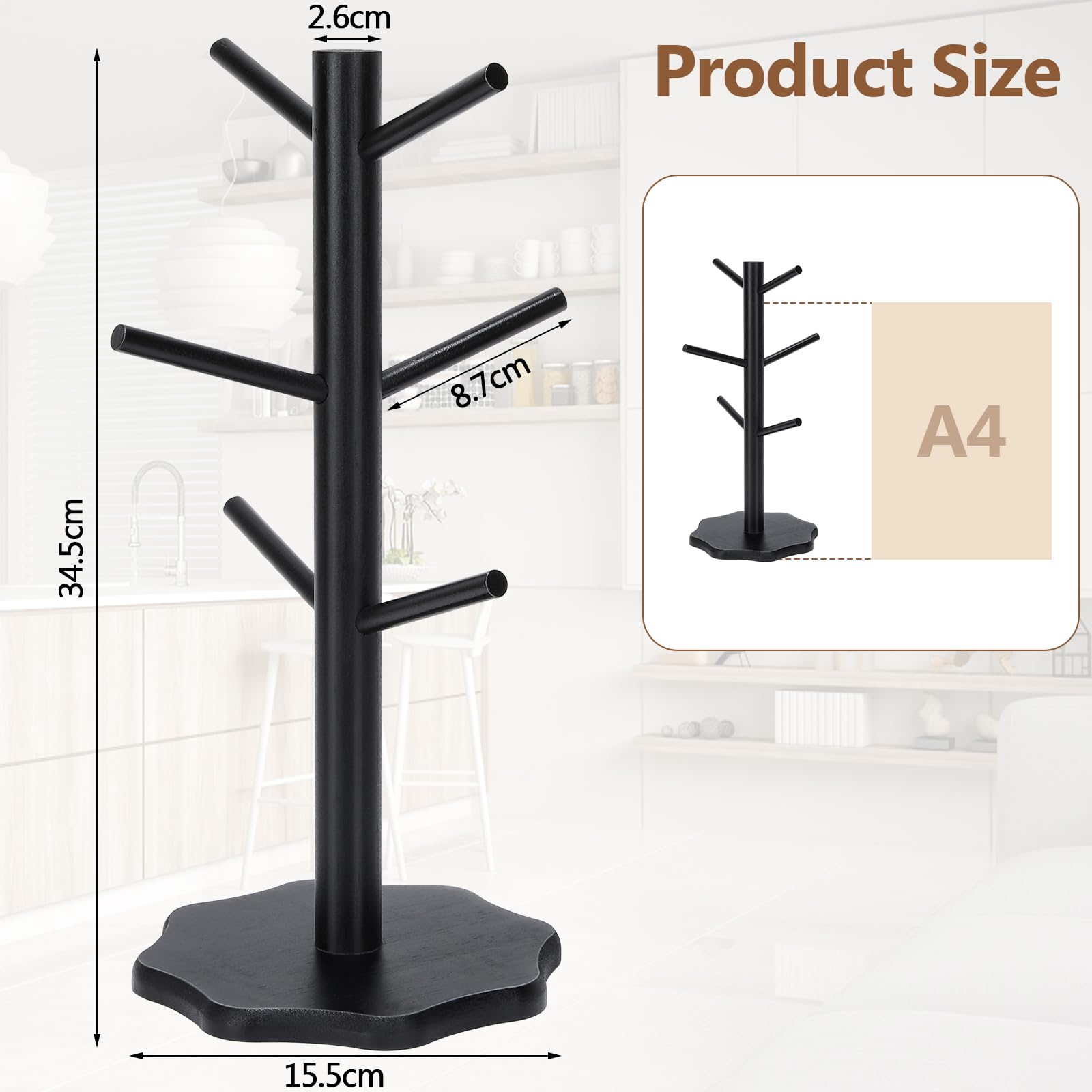 Euqvunn Wooden Mug Tree Holder for 6 Mugs | Black Finish | Easy 2-Step Install 7
