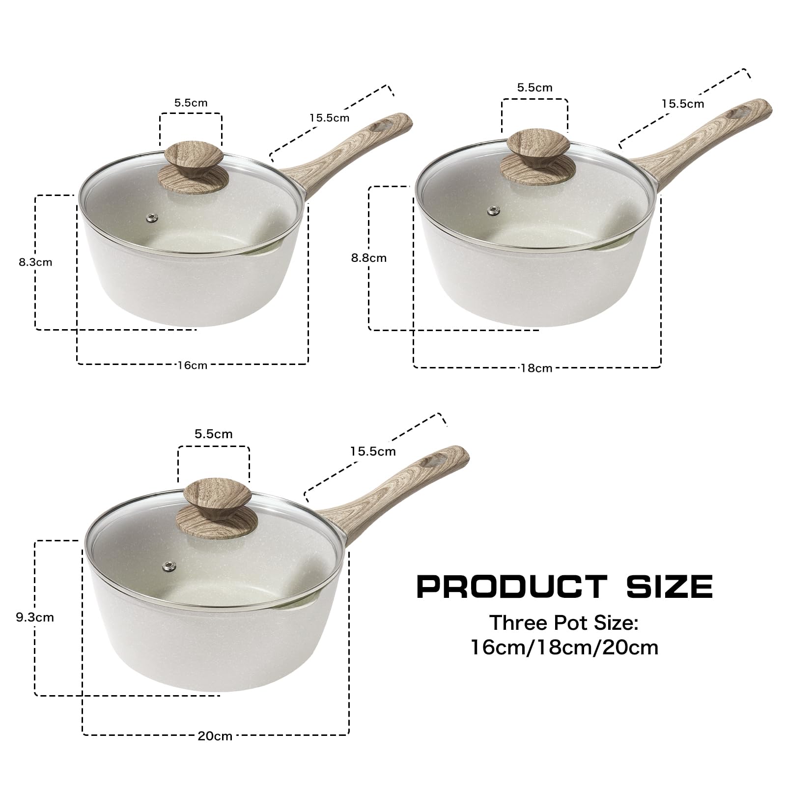 Rainberg Nonstick Granite Saucepan Set with Lid, 3-Piece (16, 18, & 20cm) | Induction Compatible | Beige 2