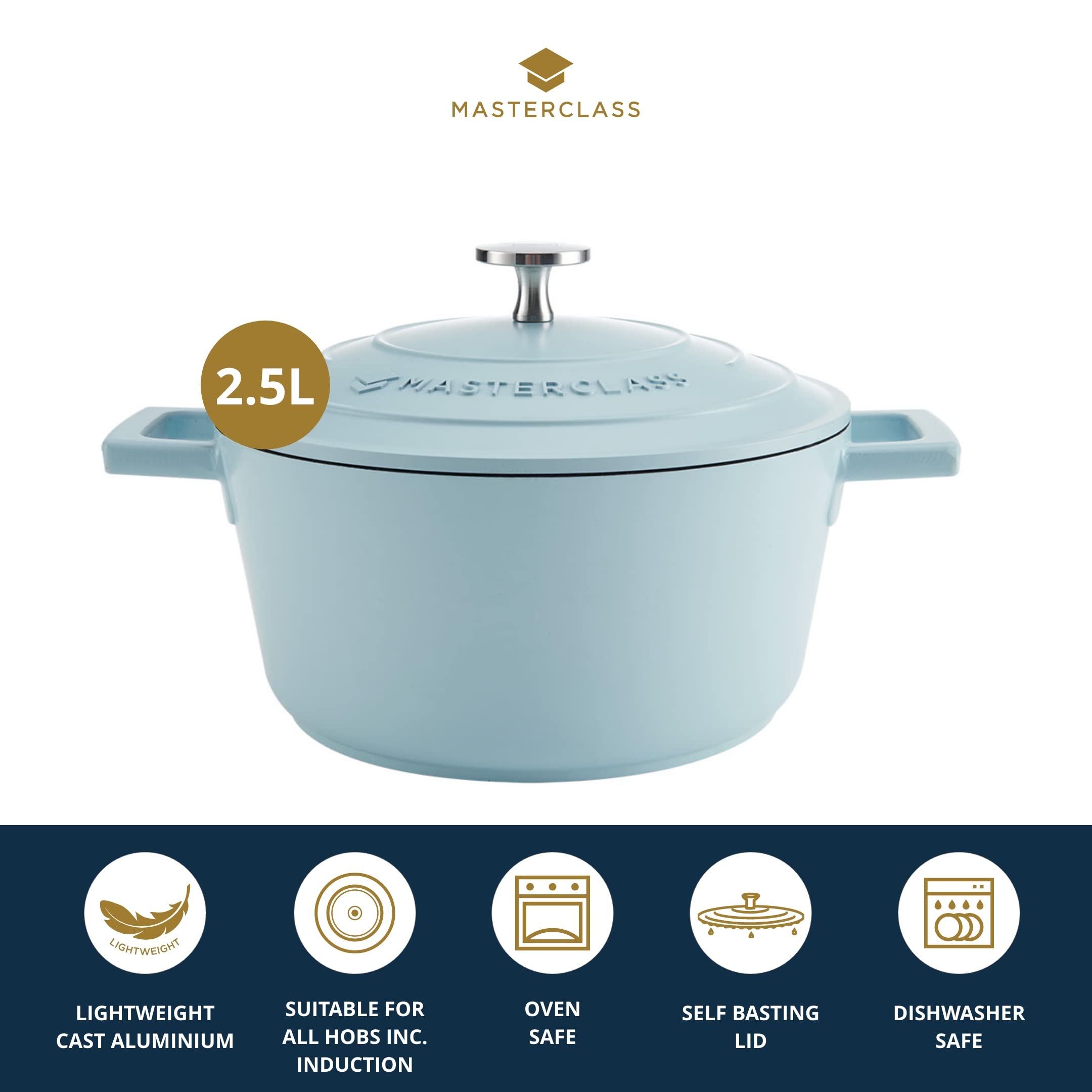 MasterClass 2.5L Cast Aluminium Casserole Dish with Lid | 20 cm Diameter | Sky Blue 3