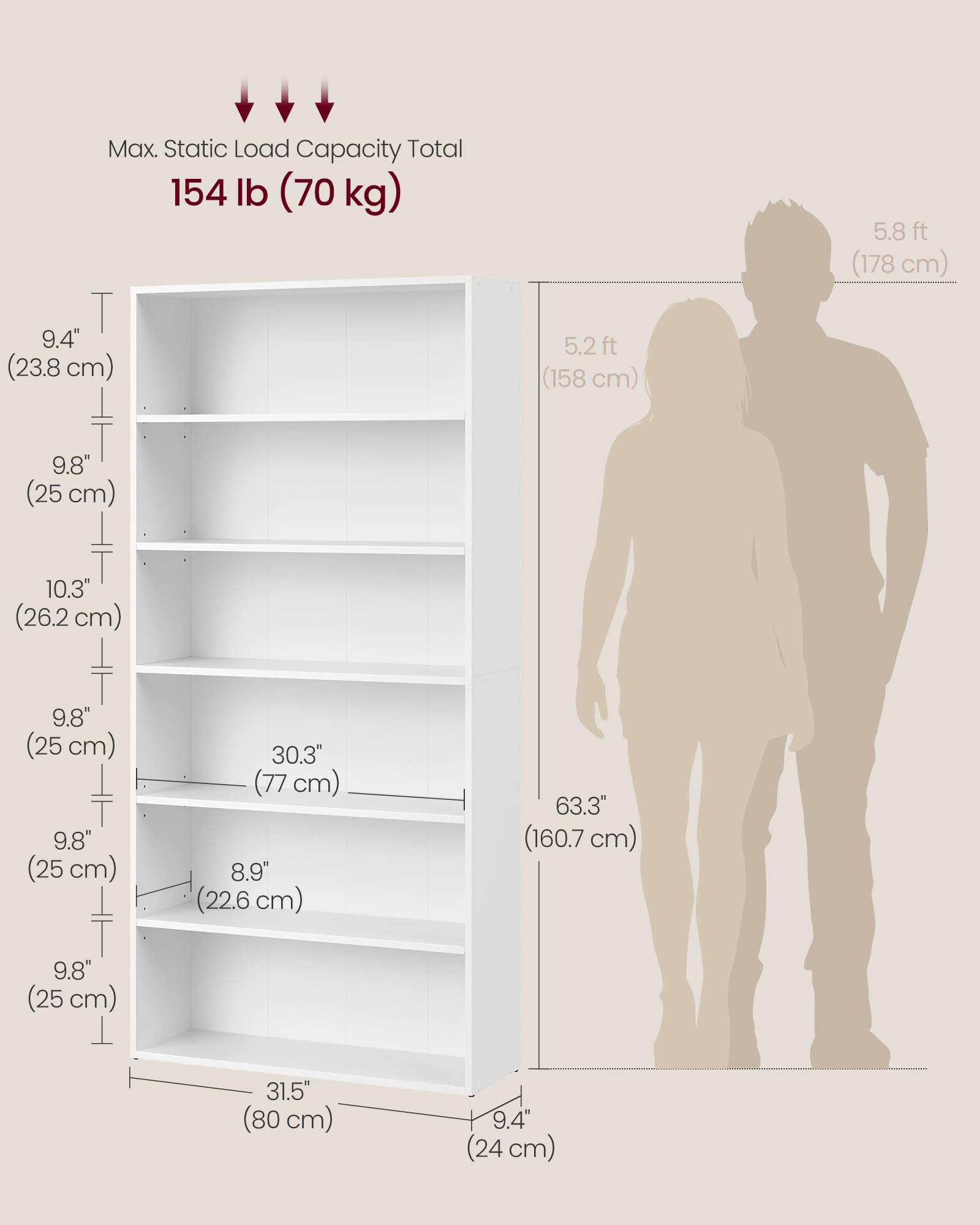 VASAGLE 6-Tier Bookcase - Open Storage Shelf | Cloud White | 24 x 80 x 160.7 cm 3