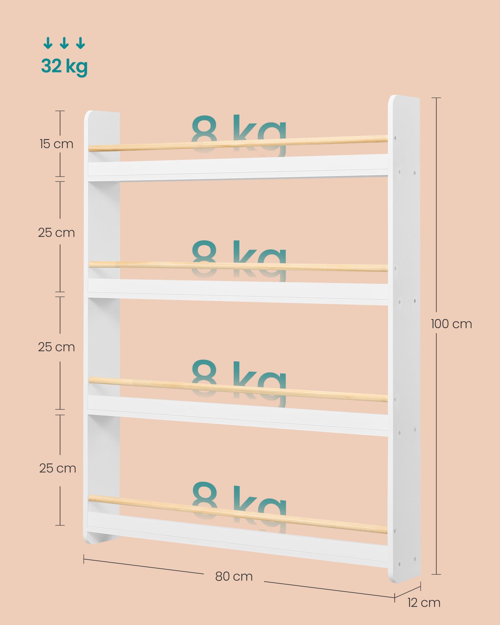 SONGMICS Kids Bookshelf - 4-Tier Wall Mounted Bookcase for Children | Pine Engineered Wood | Natural White 3