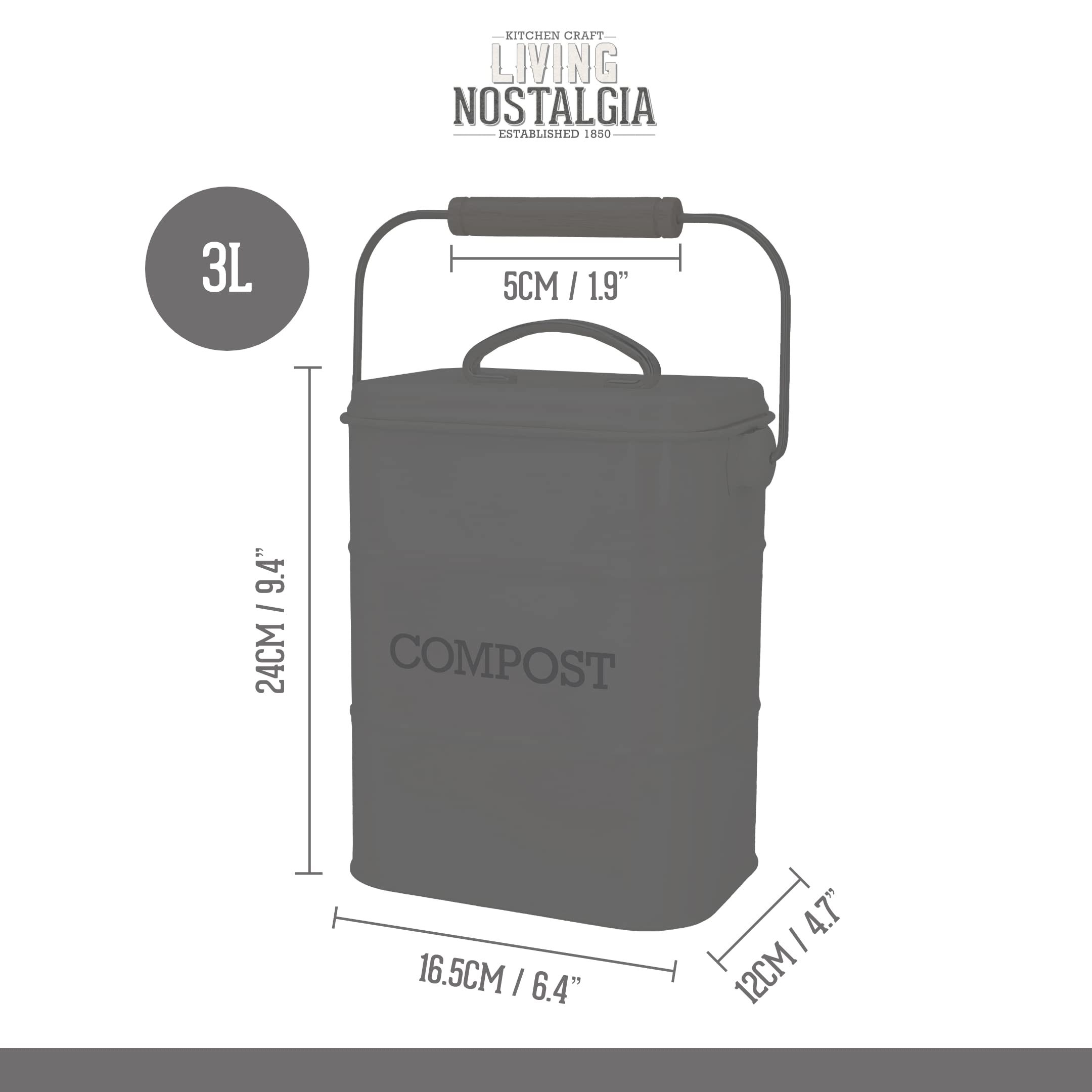 KitchenCraft Living Nostalgia Compost Bin - 3L Capacity | Carbon Steel | Duck Egg Blue