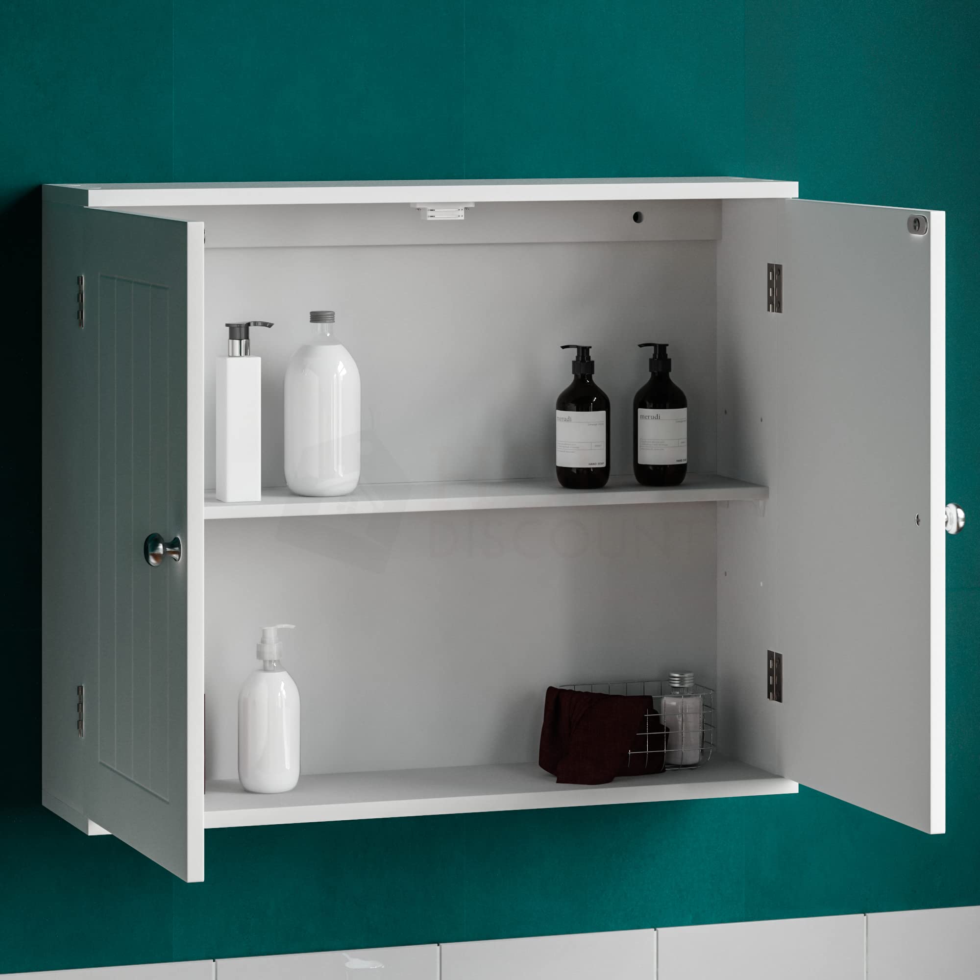 Bath Vida Double Door Wall Mounted Bathroom Cabinet - White Wood Finish | H 50 x W 60 x D 15 Cm 4