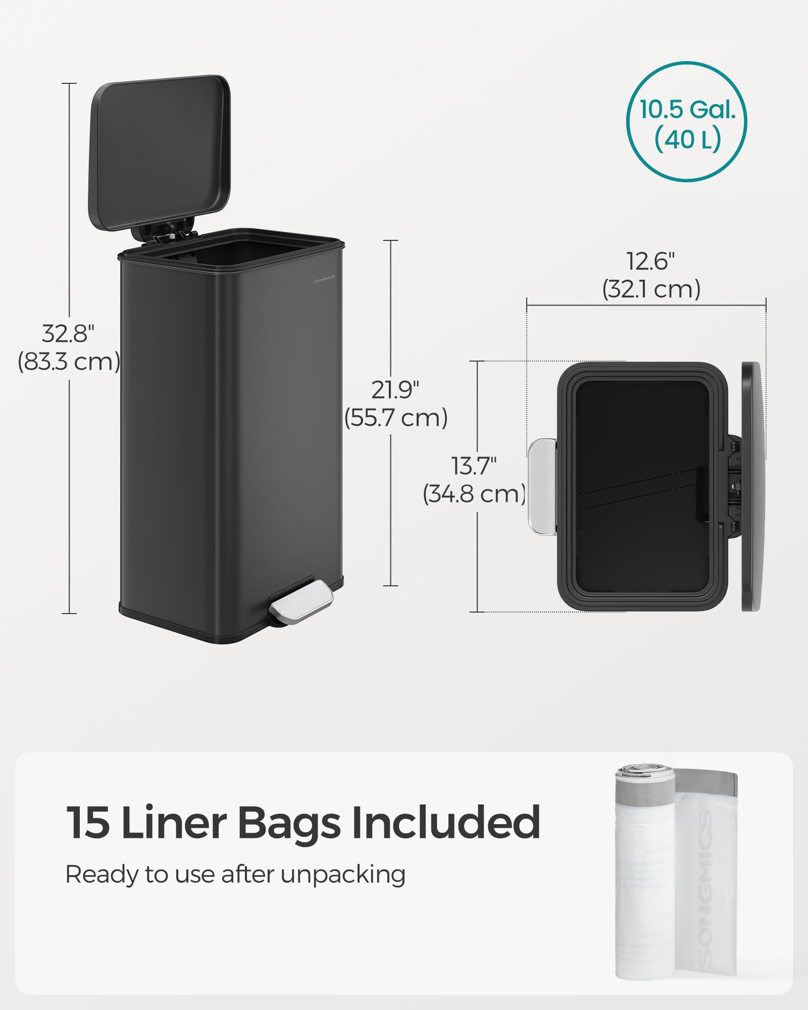 SONGMICS Kitchen Bin - 40L Capacity | Soft Close Lid | Black Alloy Steel 7