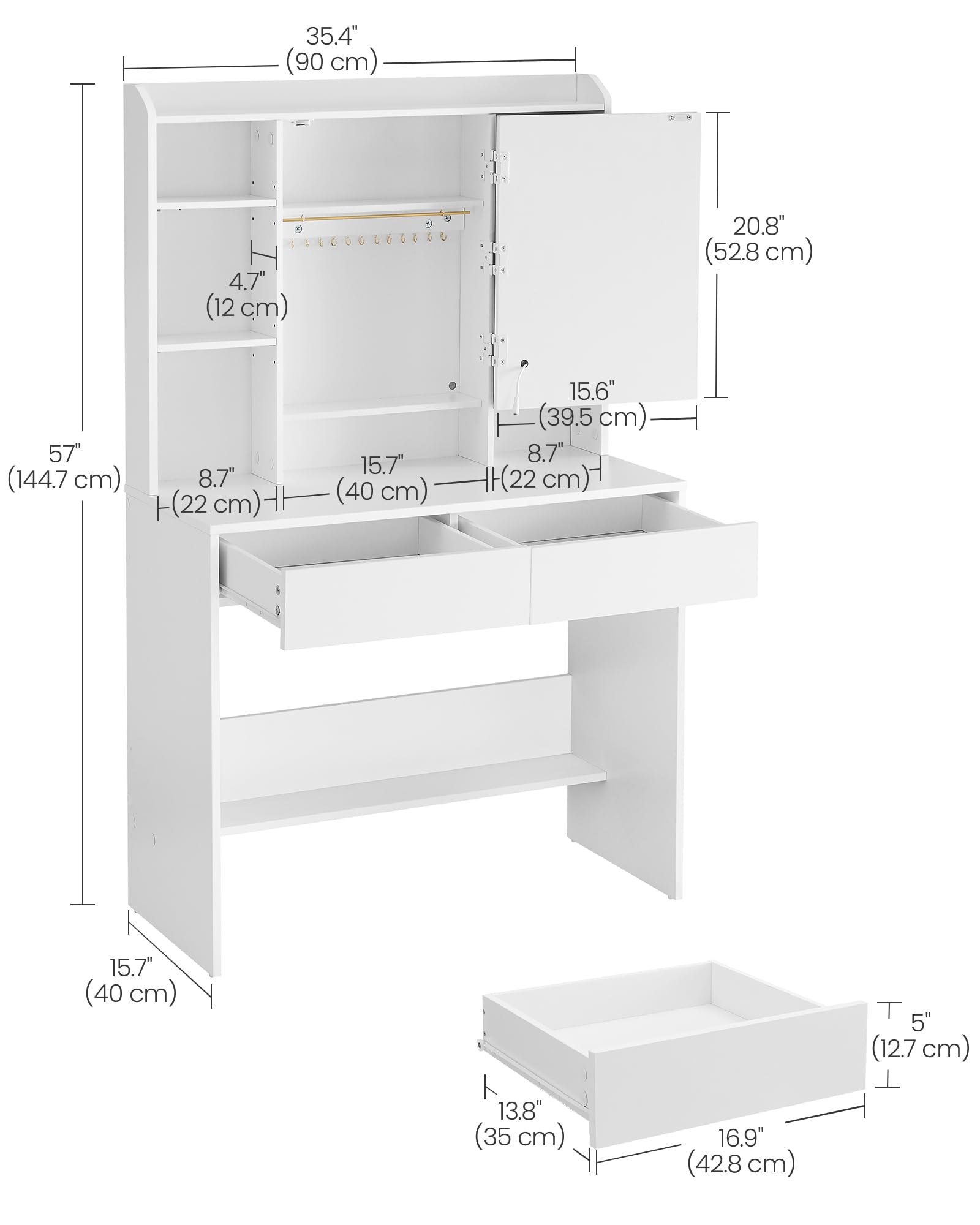 VASAGLE KAILYN Collection Dressing Table with Adjustable LED Lights | White Engineered Wood | 40 x 90 x 144.7 cm 7