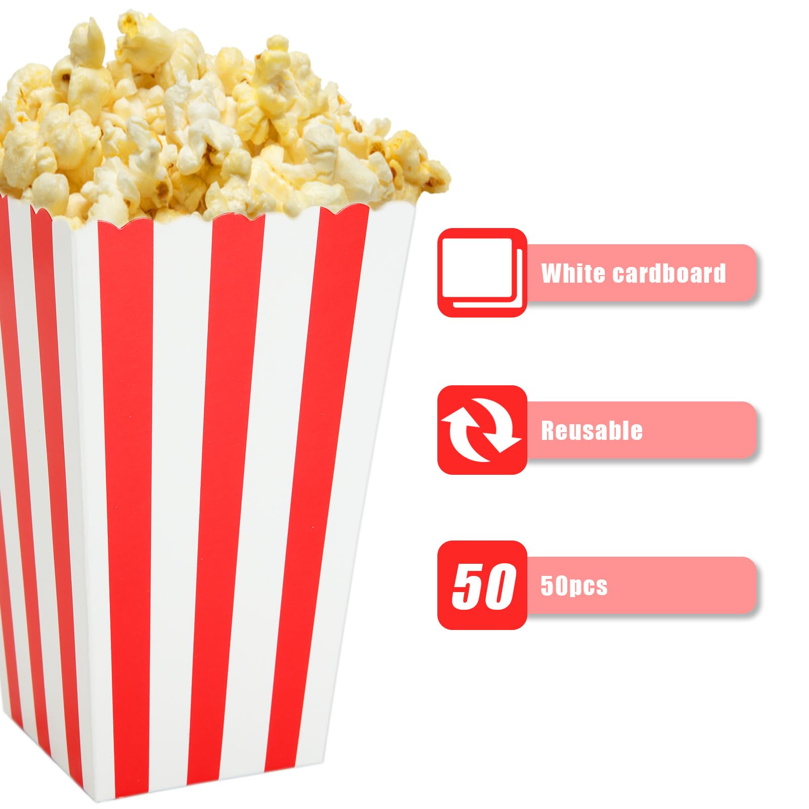 ASelected 50PCS Popcorn Boxes - Classic Red/White Stripe | Paper Container | Collapsible 5