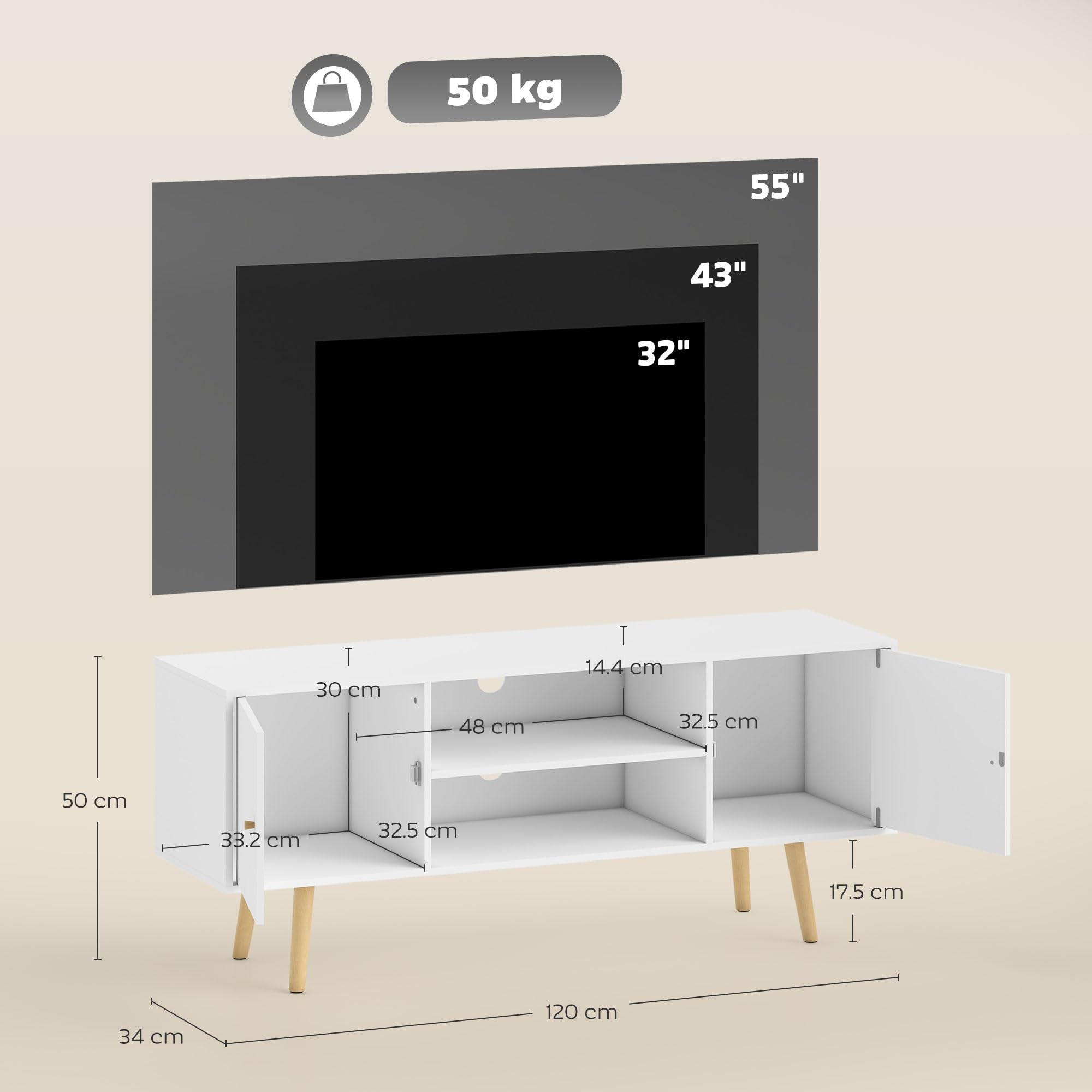 HOMCOM TV Stand Cabinet for up to 55 Inches | White Engineered Wood | 120cm Wide 7