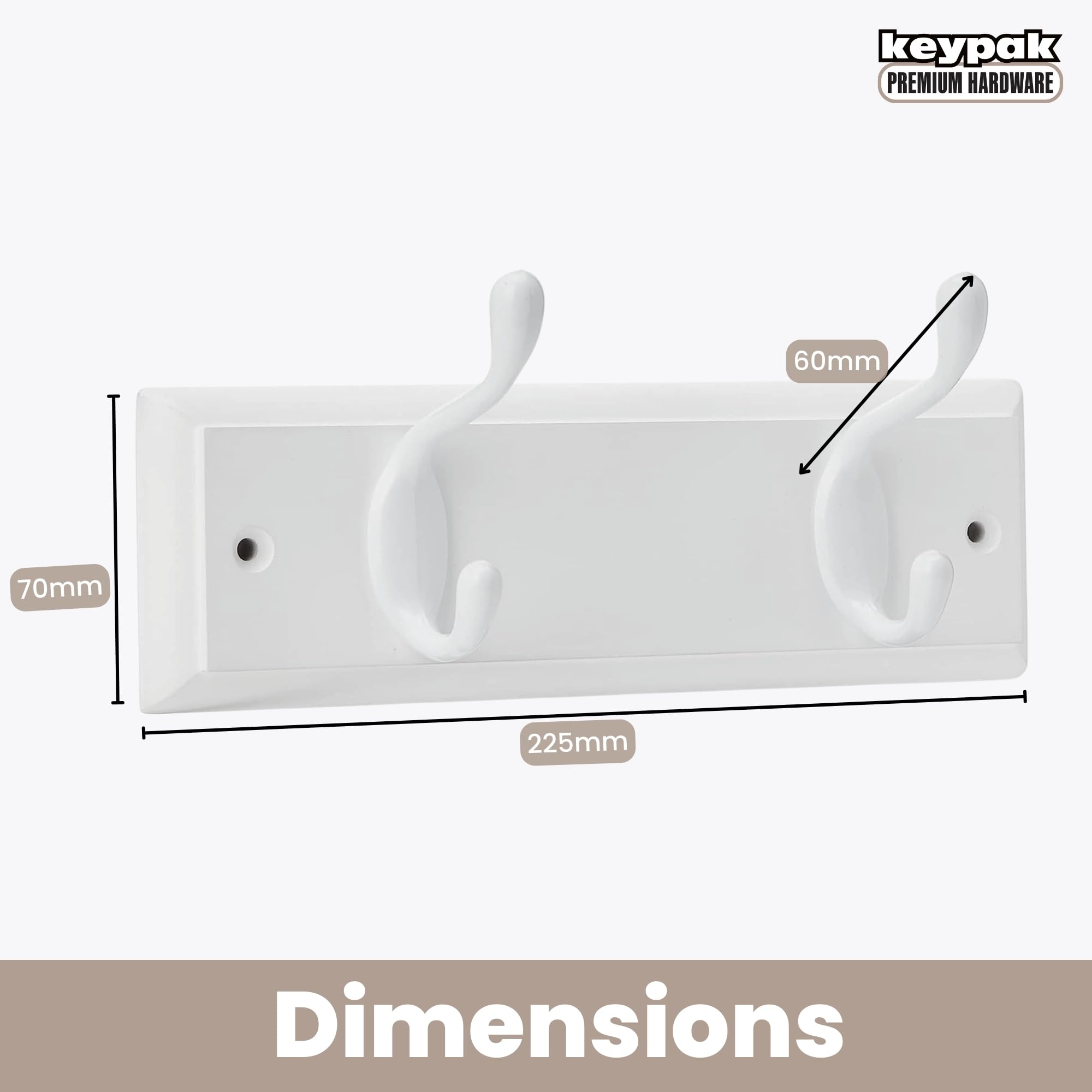 keypak 2-Hook Wall Coat Rack - White Wood Board | Holds up to 3.4kg Per Hook | Easy Install 3