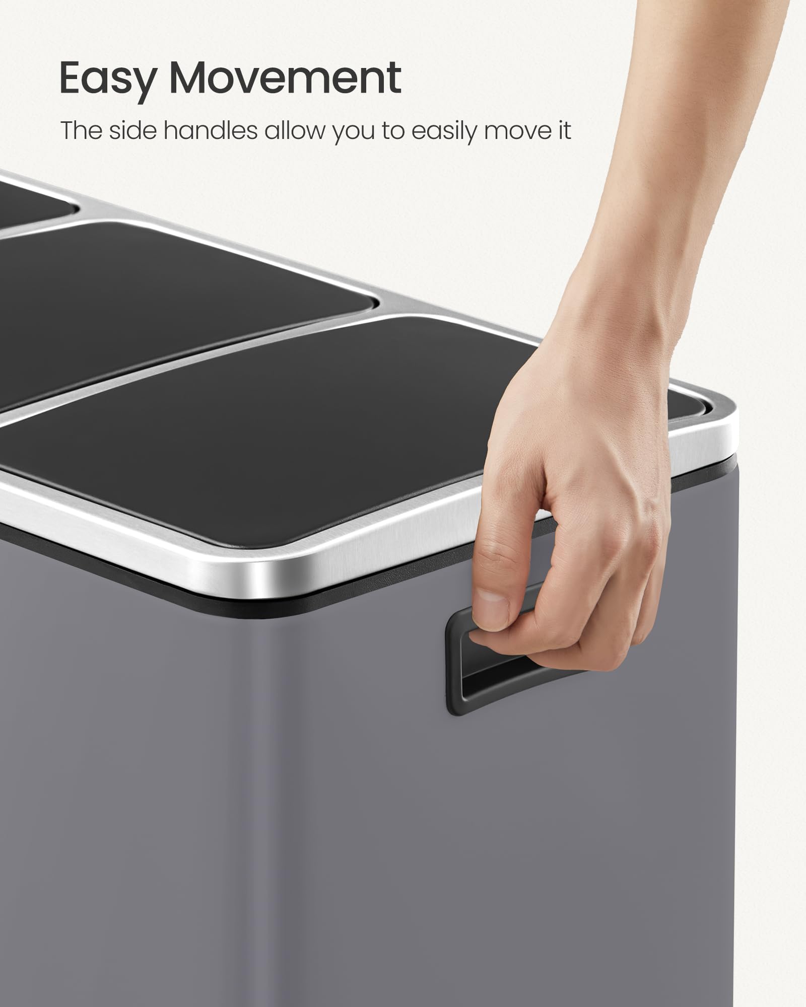 SONGMICS Kitchen Bin - 3 x 18 L Recycling Bin | Steel, Matte Grey | Soft-Close Lids 7