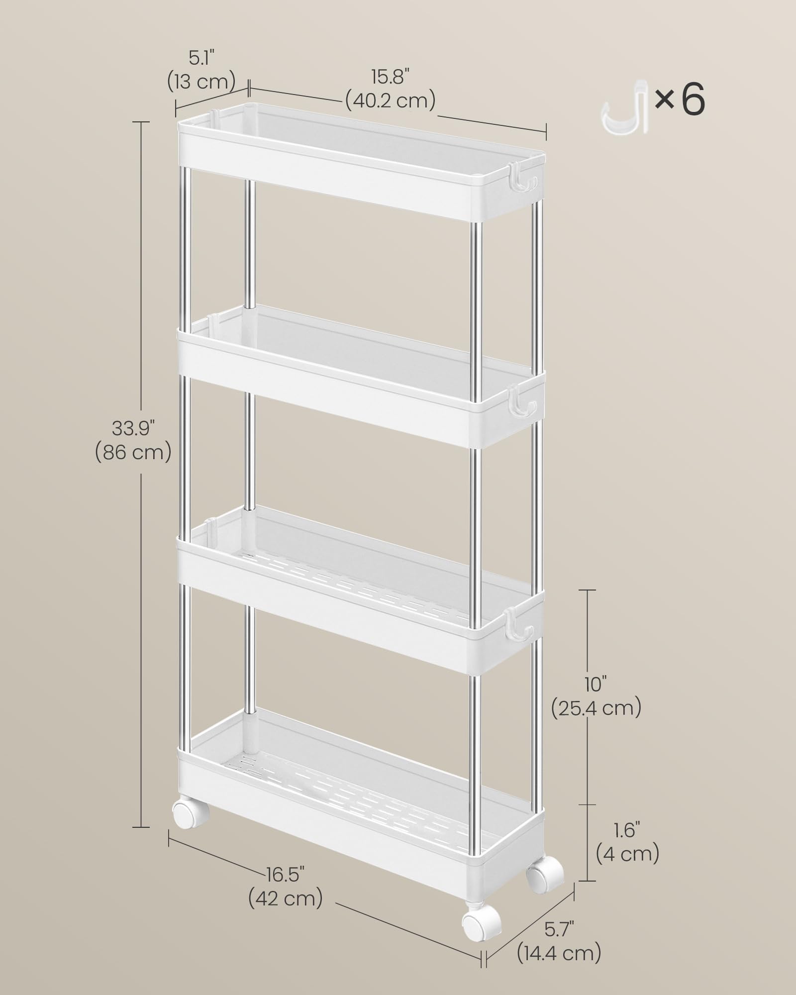 SONGMICS 4-Tier Rolling Storage Cart with Wheels | Stainless Steel Frame | 20kg Capacity 4