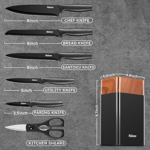 Yabano 7 Piece Kitchen Knife Set with Built-in Sharpener Block | Stainless Steel | Black