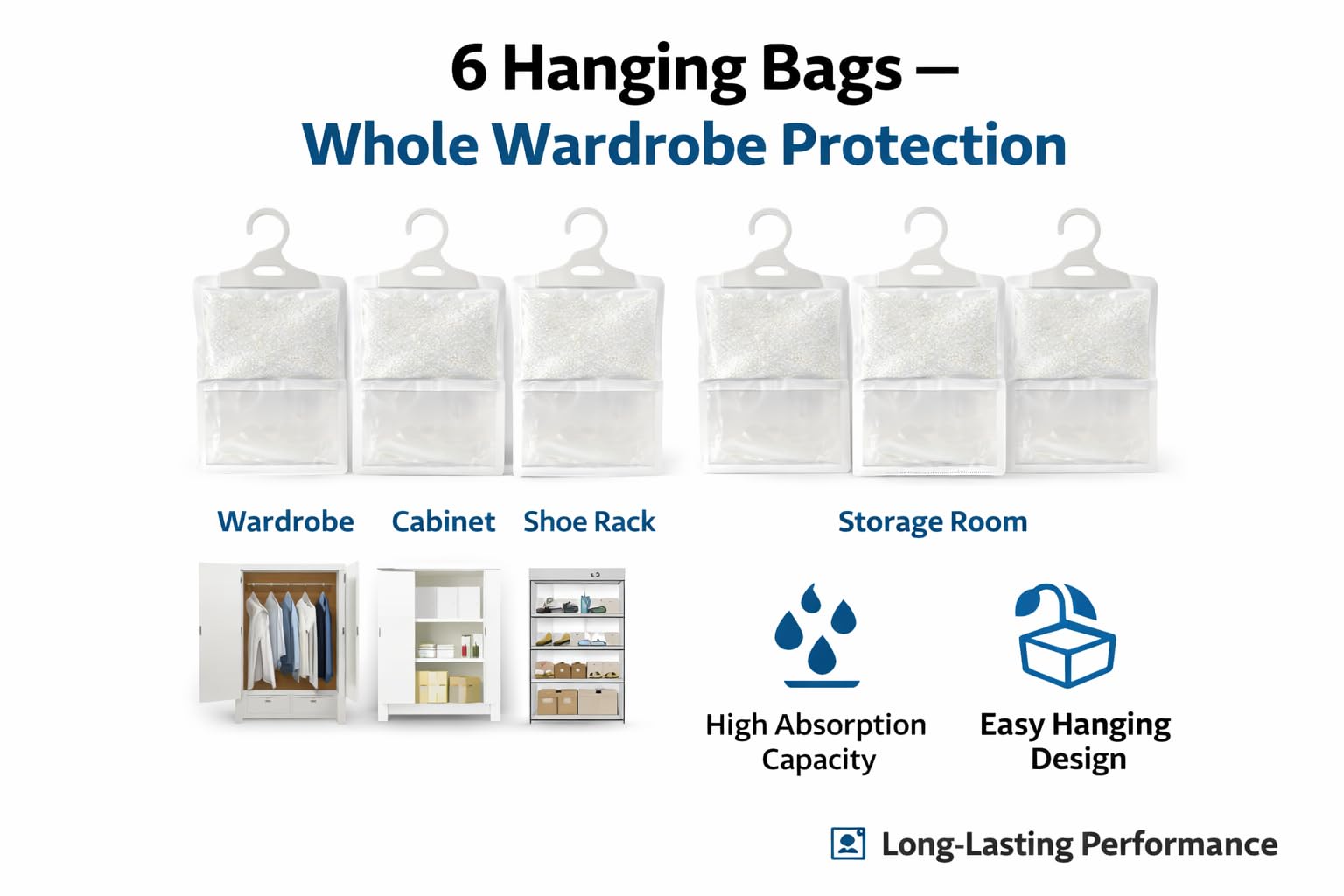 1ABOVE Hanging Wardrobe Dehumidifier Bags - 6 Pack | Moisture Absorber for Closets & Cabinets 3