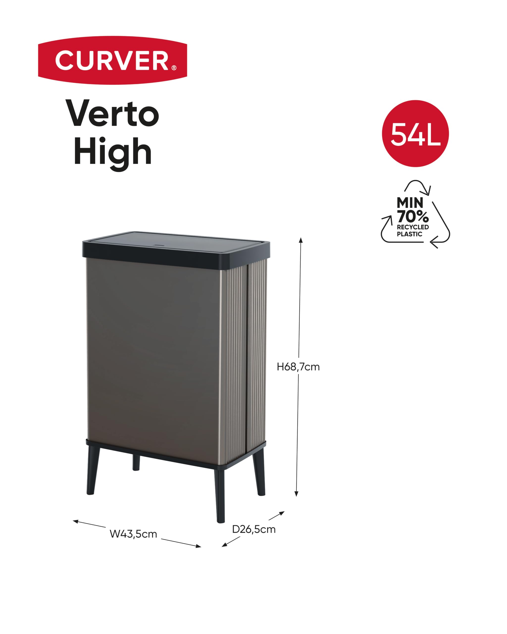 CURVER Verto 54L Waste Bin - Push Lid | Pearl Grey | Recyclable Plastic 11