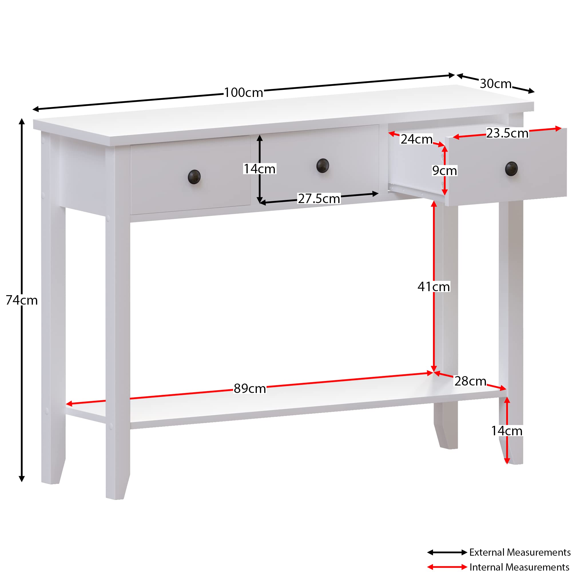 Vida Designs Windsor Console Table - 3 Drawer Storage | White Wood | H 74 x W 100 x D 30 Cm 2