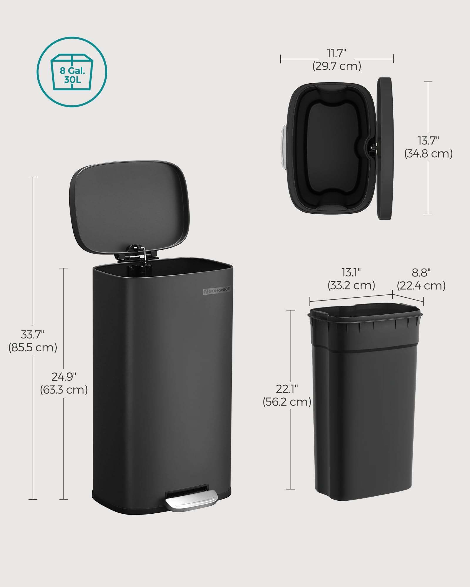 SONGMICS Kitchen Bin 8 Gallon (30 L) Pedal Rubbish Bin | Soft Close | Black Steel LTB03BK 6