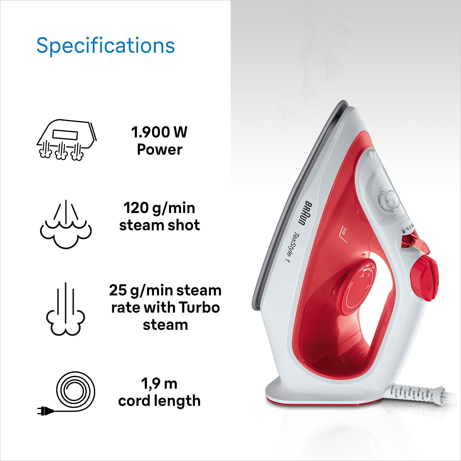 Braun TexStyle 1 SI1019RD Steam Iron - 1900W Power | 25g/min Steam | 220ml Tank 4
