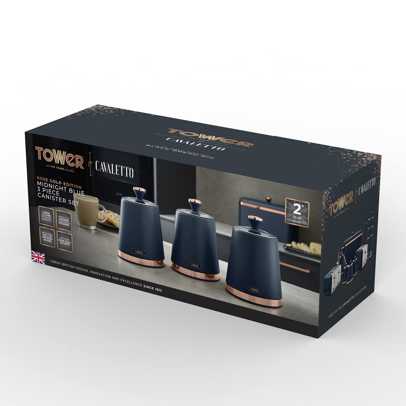 Tower Cavaletto Set of 3 Storage Canisters for Tea/Coffee/Sugar | 1.3L Capacity | Midnight Blue & Rose Gold 8